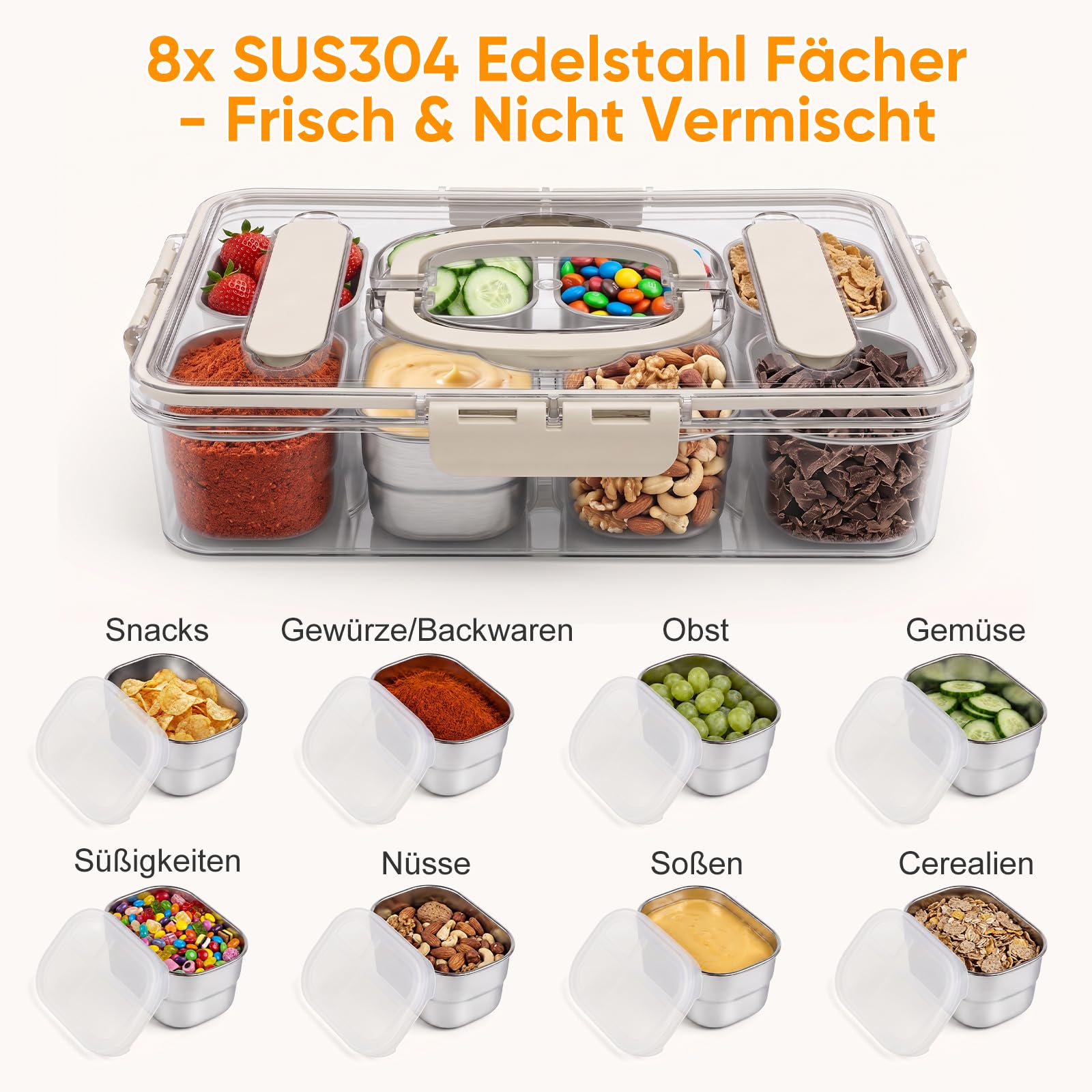 Edelstahl Snackbox mit 8 Fächern – Tragbare Box mit Deckel & Griff, auslaufsicher, luftdicht, spülmaschinenfest – für Snacks, Süßes, Kekse, Gemüse, Nüsse, Obst & Gewürze – Ideal für Picknick & Reise
