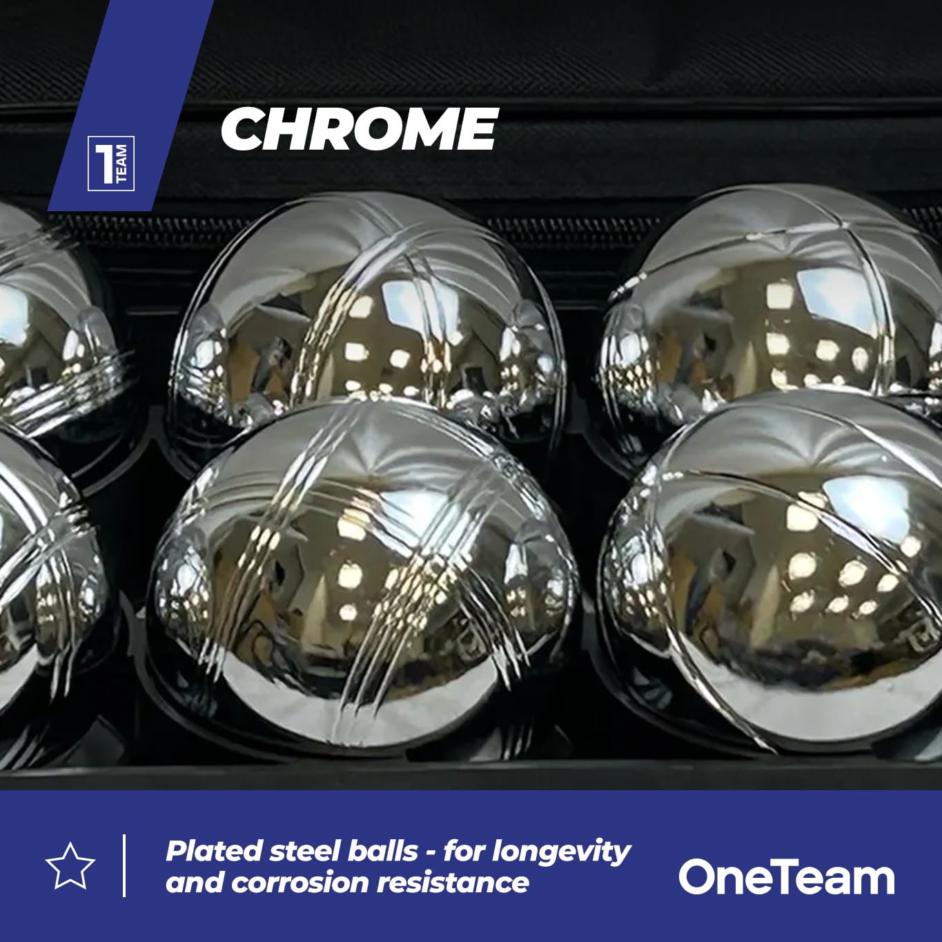 OneTeam Boule Set 8 Kugeln – Petanque Spiel für Erwachsene & Kinder – Verchromter Stahl – Silber – Robustes Outdoor Gartenspiel & Freizeitspaß
