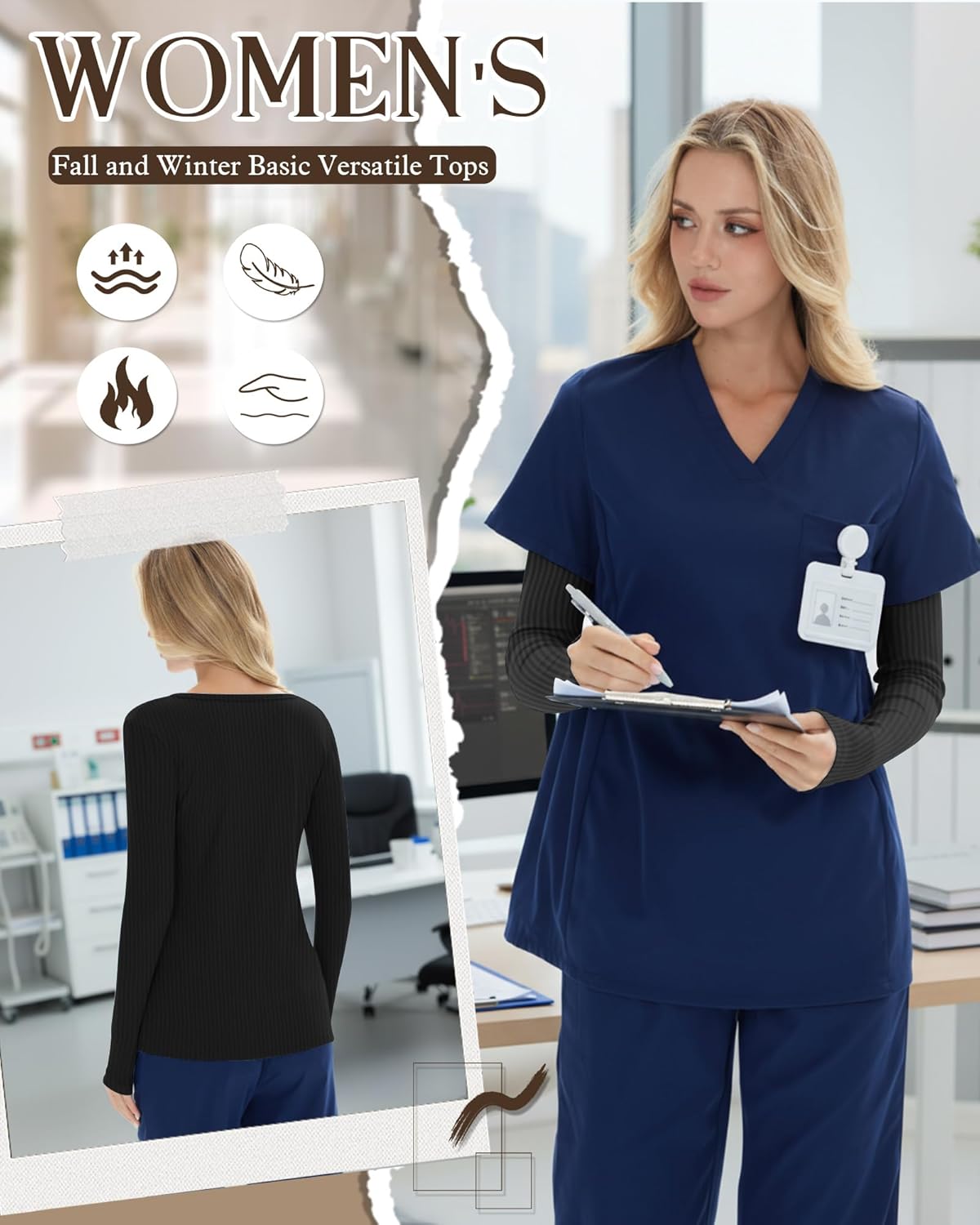 4 Pack Women’s Underscrub Shirts, Ribbed Cotton Scrub Tops Long Sleeve Scoop Neck Tees Slim Fit Basic Layer Shirts - Image 4