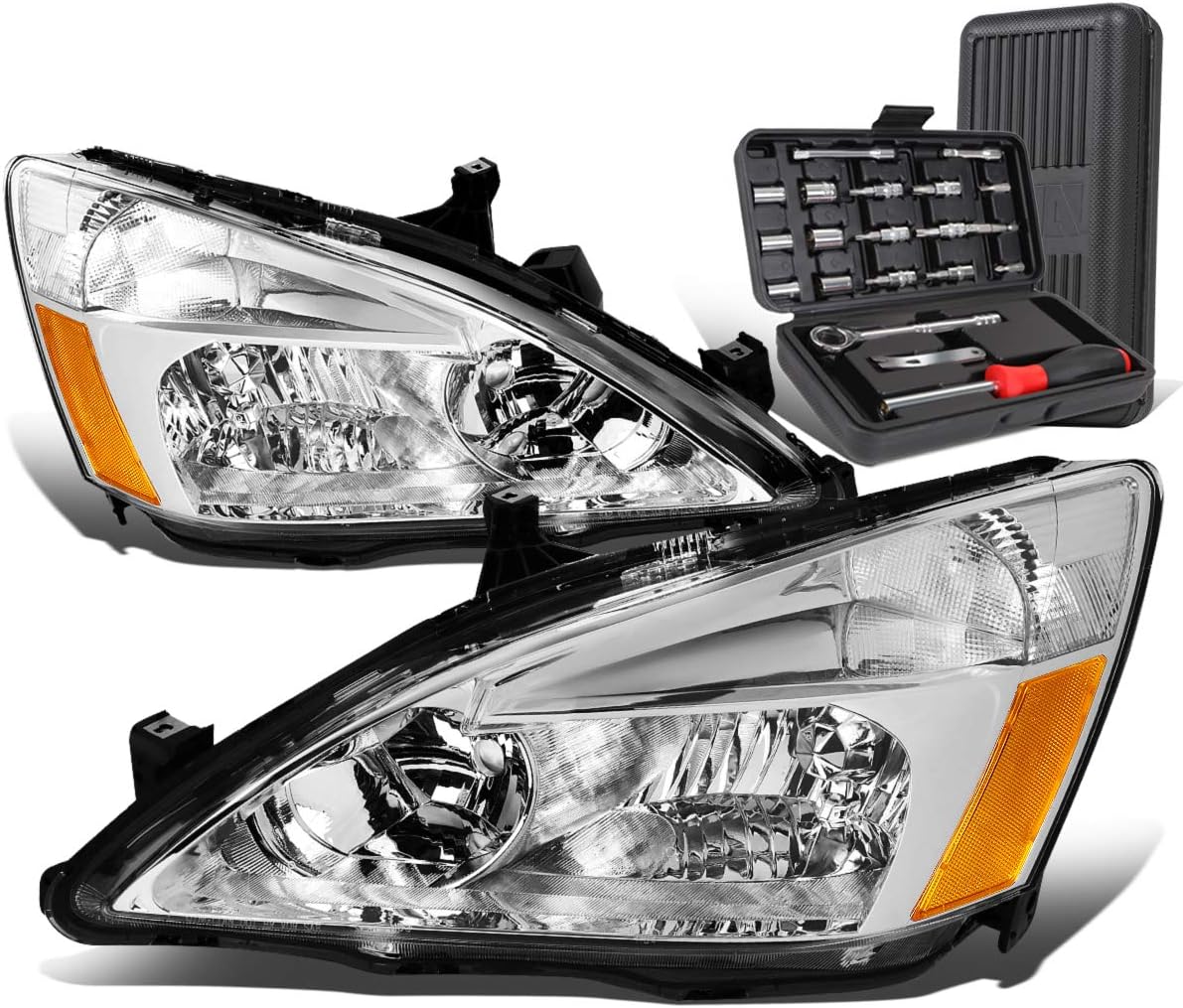 Auto Dynasty - Chrome Housing Amber Corner Headlight Head Lamps+Tool Kit Compatible with Honda Accord 03-07