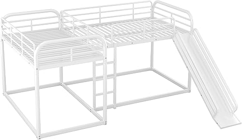 Miniatura 200 de Litera en forma de L individual sobre cama matrimonial adjunta, litera triple de metal con escritorio y tobogán integrados, marco de literas de