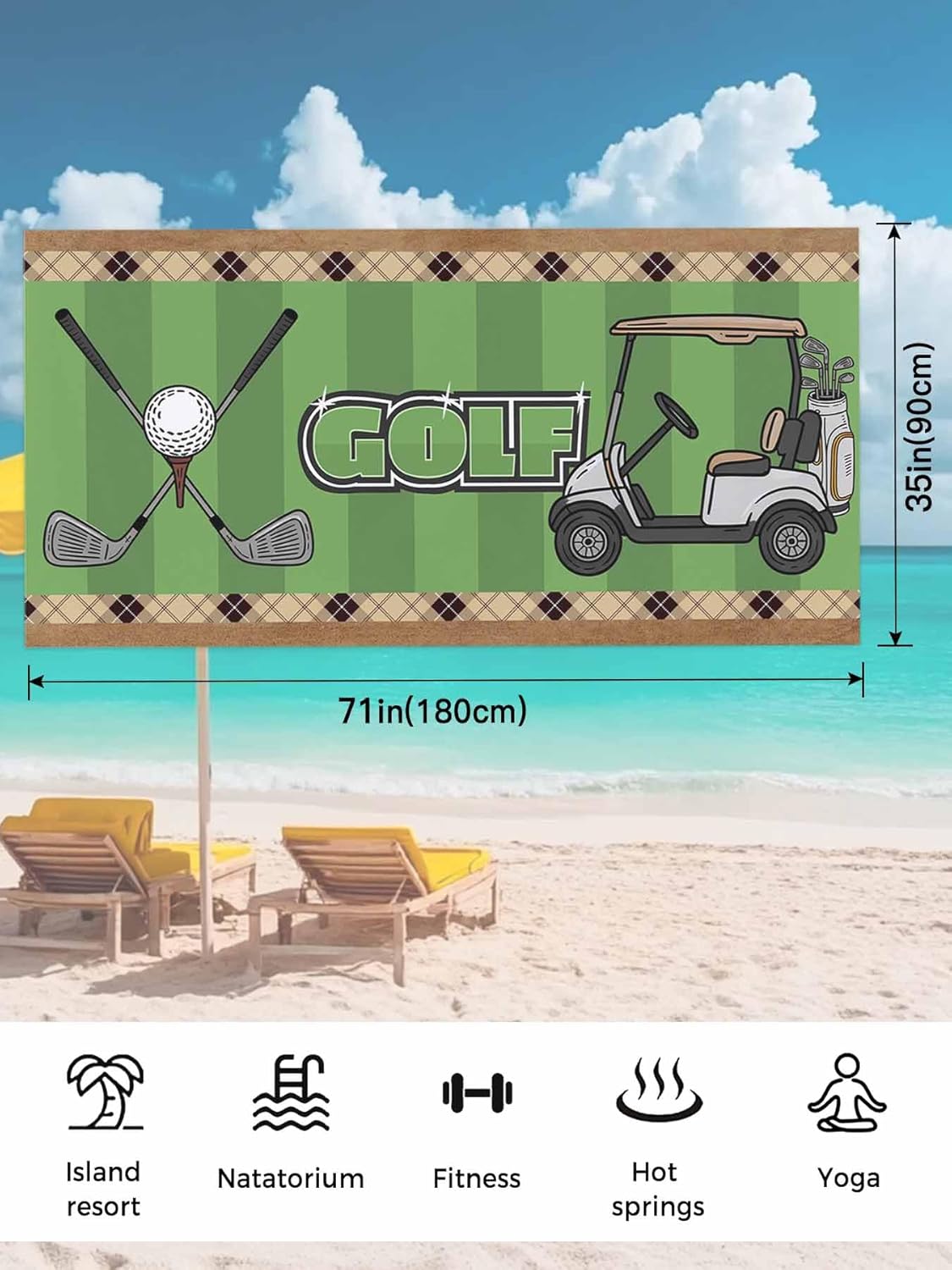 Golf Cart Beach Towel - 35x71 Inch Sand Proof Water Absorbent Travel Towel for Adults, Golf Clubs with Green Vertical Stripes Quick Dry Pool Towel Travel Camping Blanket for Yoga Bathroom