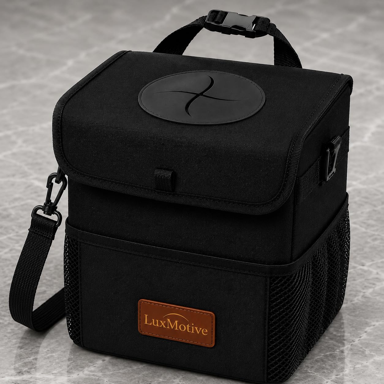 Car Trash Can Premium 3-Gallon Waterproof with Lid, Foldable Leakproof Auto Garbage Bin Organizer with Adjustable Strap, Reflective Interior & Mesh Storage Pockets (Black)
