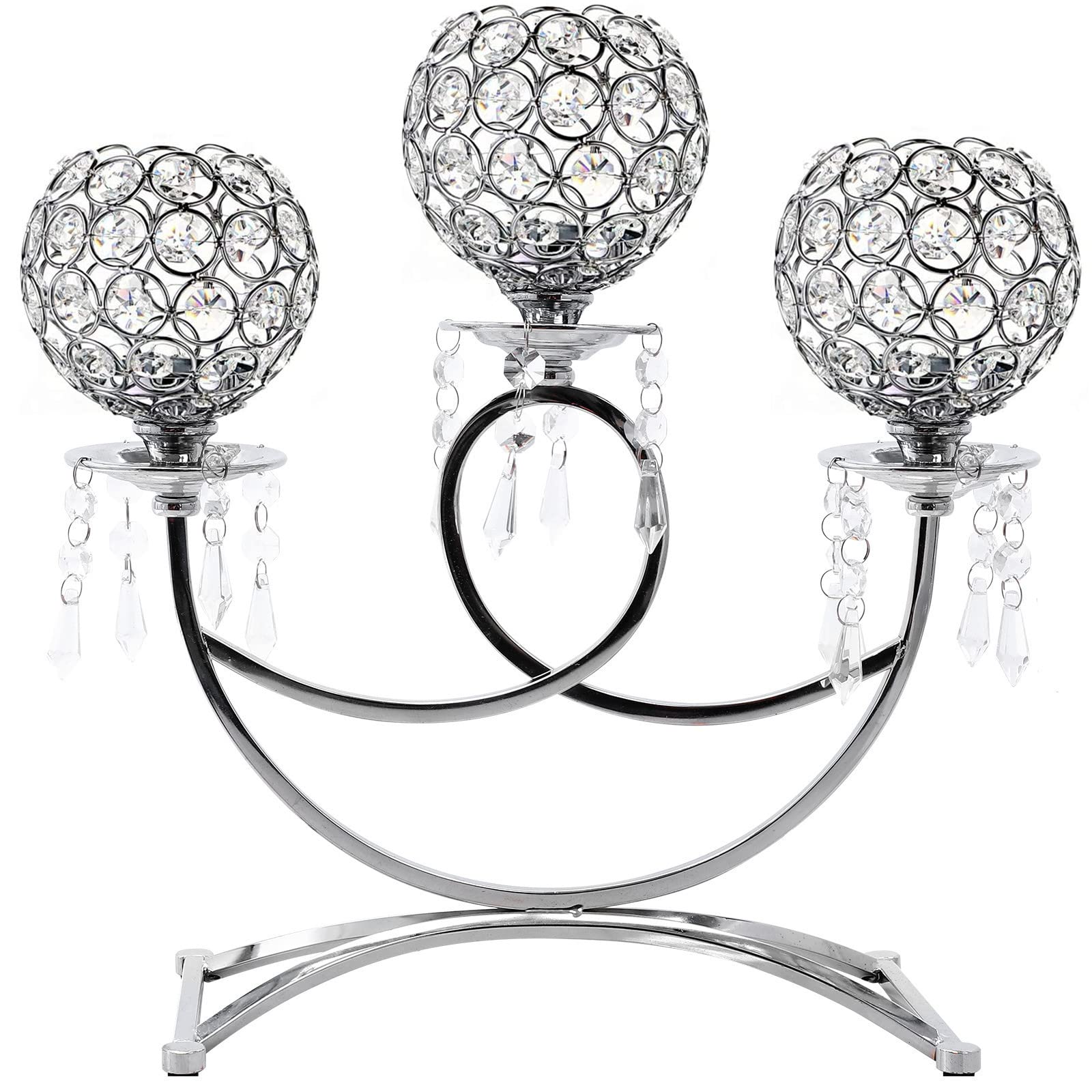 Silver Crystal Beaded Candle Holder 3 Wick Tealight Candle Holder Centerpiece Table Decorations for Dining Room Silver Table Decor Gifts for Women Wife Mom (Silver-14 Tall)