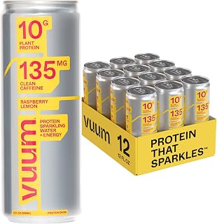 Vuum Sparkling Clear Protein Drink - 10g Plant Protein & Natural Caffeine with L-Theanine, Amino Acids for Focused Energy - Sugar Free, All Natural, Non-GMO 12 fl oz (12-Pack), Raspberry Lemon