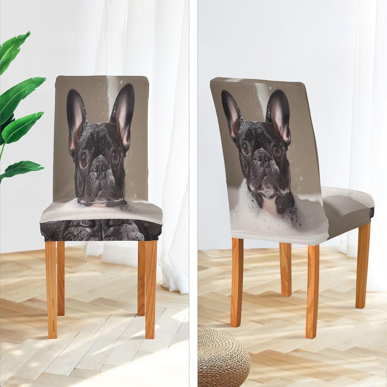 ALAZA Chair Covers for Dining Room, French Bulldog Take A Bath Cute Dog Stretch Chair Cover Sets Chair Protector Removable Washable for Ktichen Restaurant Hotel