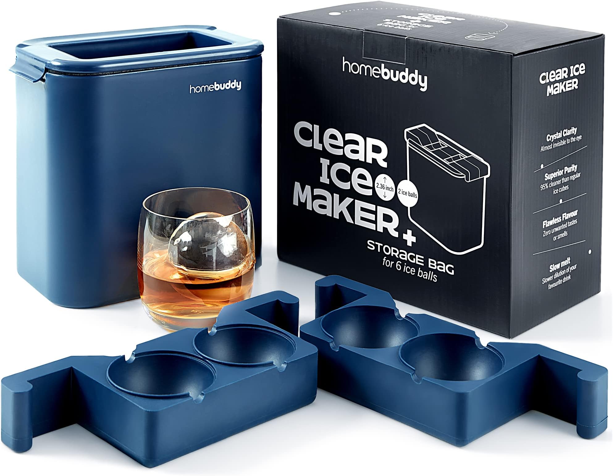 HomeBuddy Clear Ice Ball Maker - Clear Ice Maker 2.35 Inch Ice Sphere Molds, Round Clear Ice Cube Maker, Ice Ball Maker Machine, Craft Ice Press Maker, Ice Molds Whiskey Scotch, Cocktail Old Fashioned