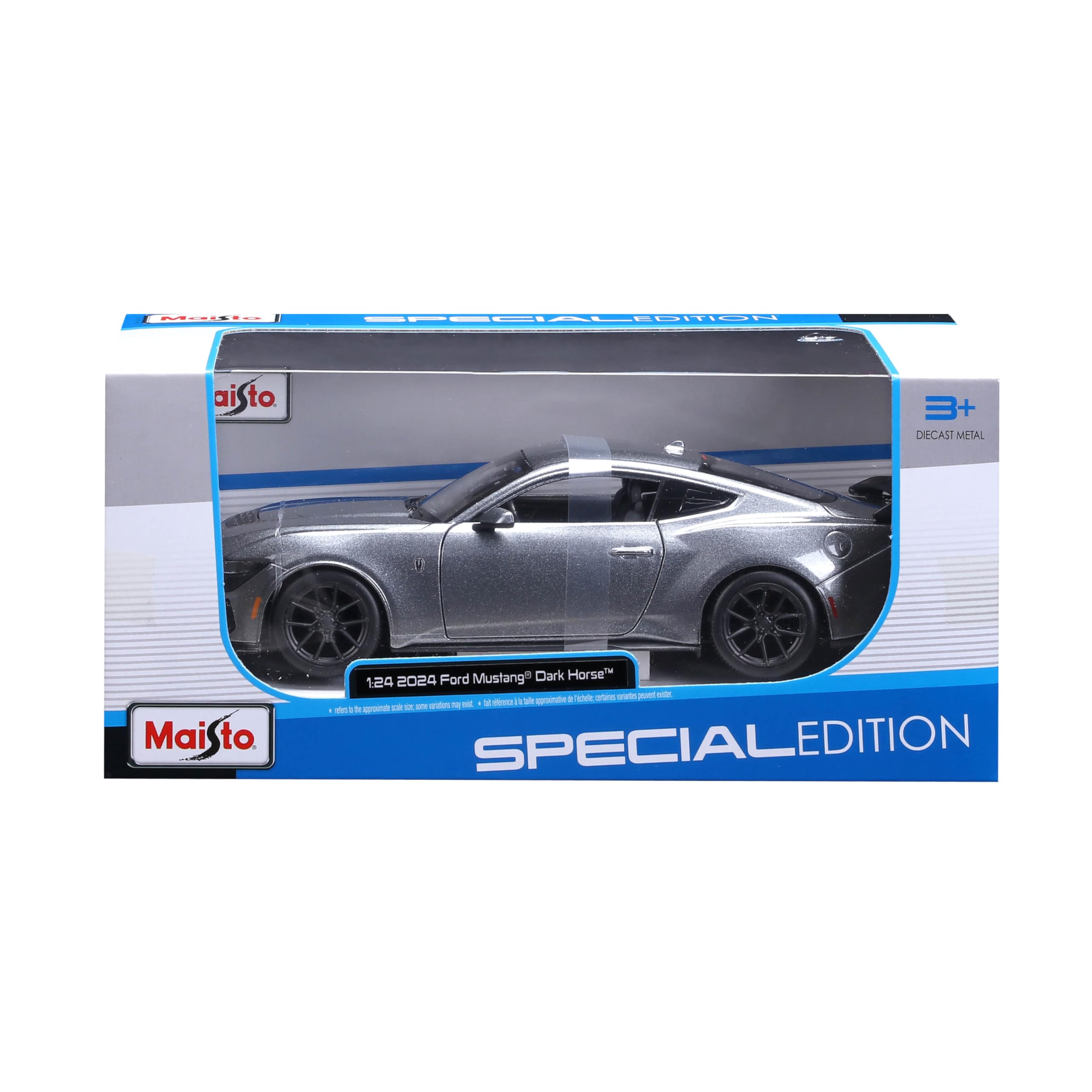 Maisto – Ford Mustang Dark Horse 2024 w skali 1:24, metalowy model samochodu w kolorze metalicznej szarości, szczegółowa replika z otwieranymi drzwiami i maską, oficjalna licencja Forda, 3+