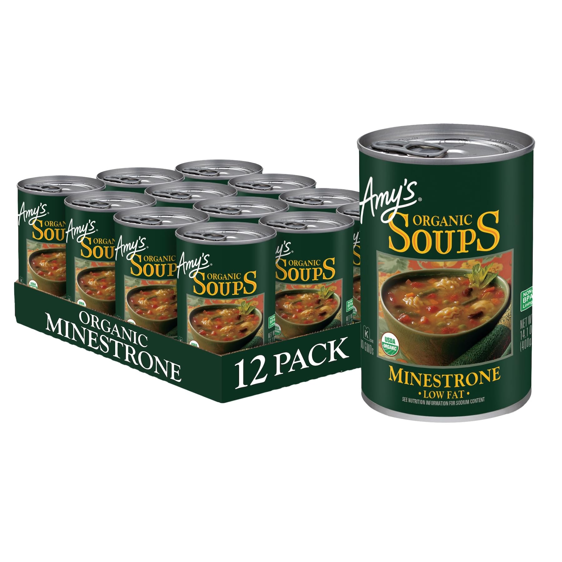 Amy's Soup, Vegan Hearty Minestrone, Made With Organic Vegetables, Beans and Pasta in Tomato Broth, Canned Soup, 14.1 Oz (12 Pack)
