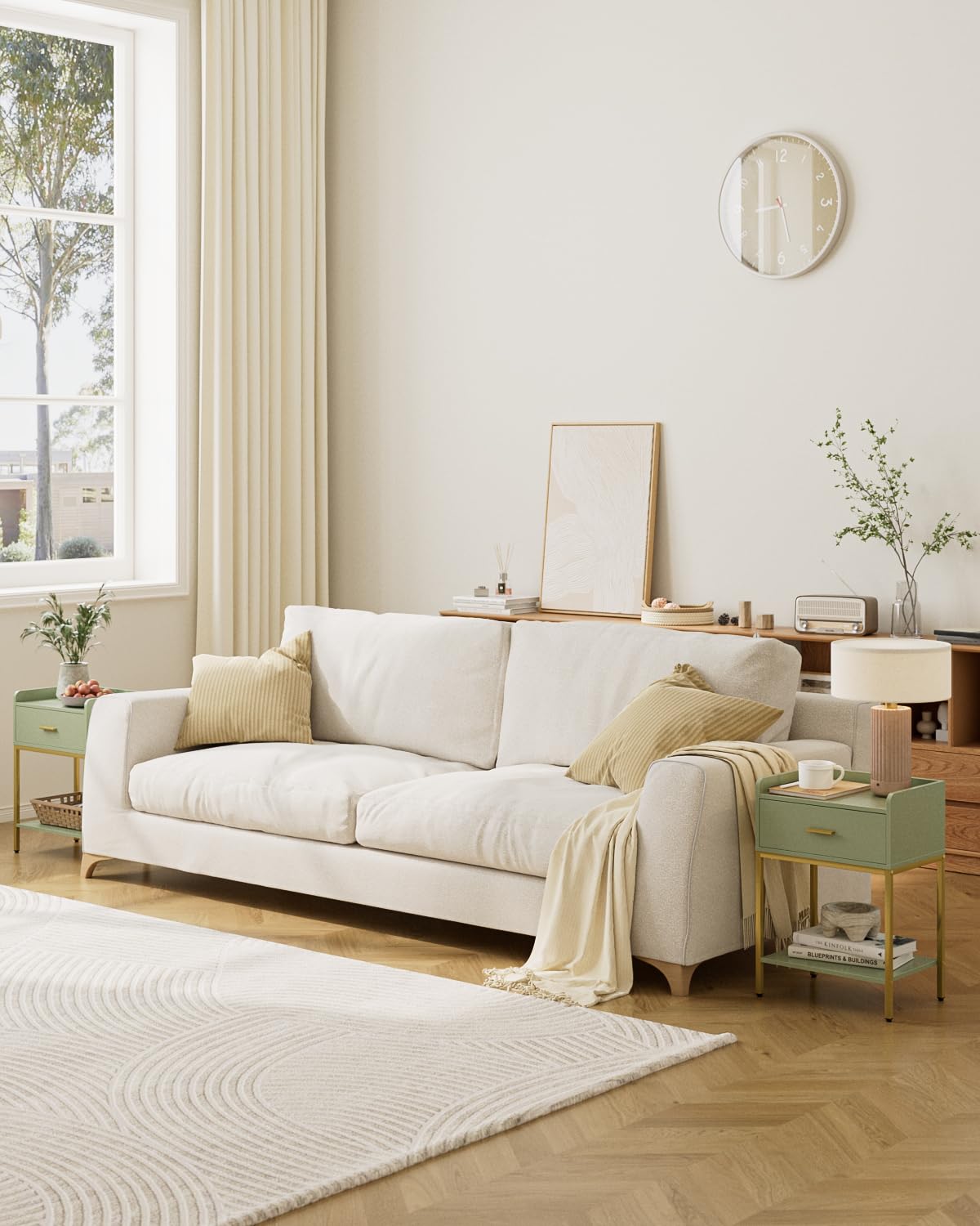 HEYZOEY Comodino verde, comodino moderno a 3 posti, con cassetto e scaffale, piccolo tavolino per camera da letto, soggiorno, verde (senza presa)