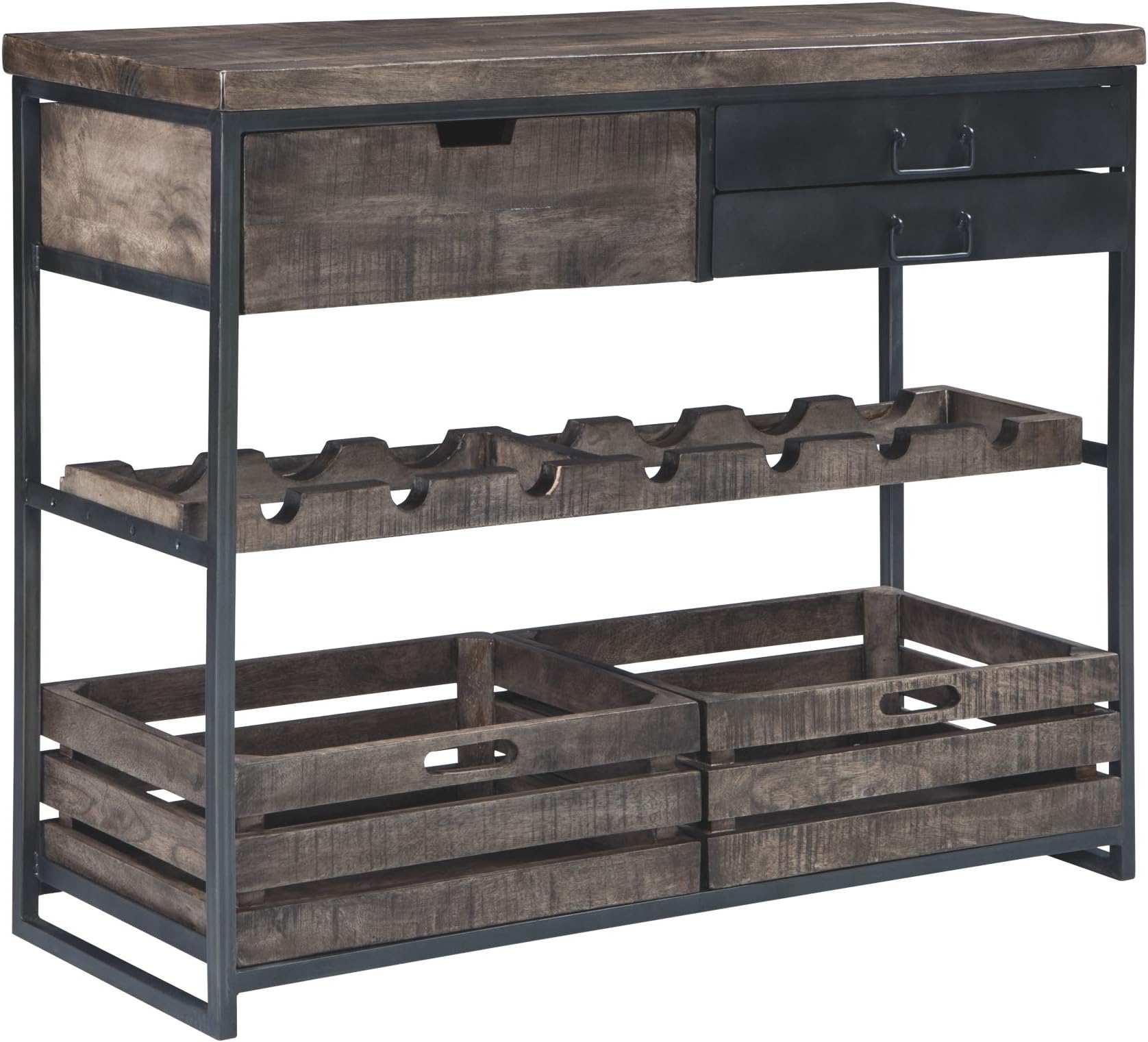 Ashley Furniture Signature Design - Ponder Ridge Accent Cabinet & Wine Rack - Solid Wood in Black/Gray Wash - Gunmetal Finished Metal - 3 Drawers/2 Removeable Bins