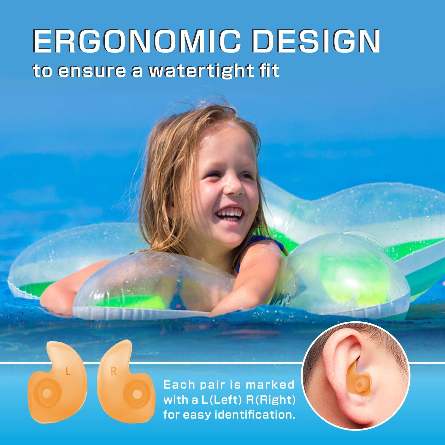 Hearprotek Swimming ear plugs, 2 Pairs waterproof reusable silicone ear plugs for swimmers