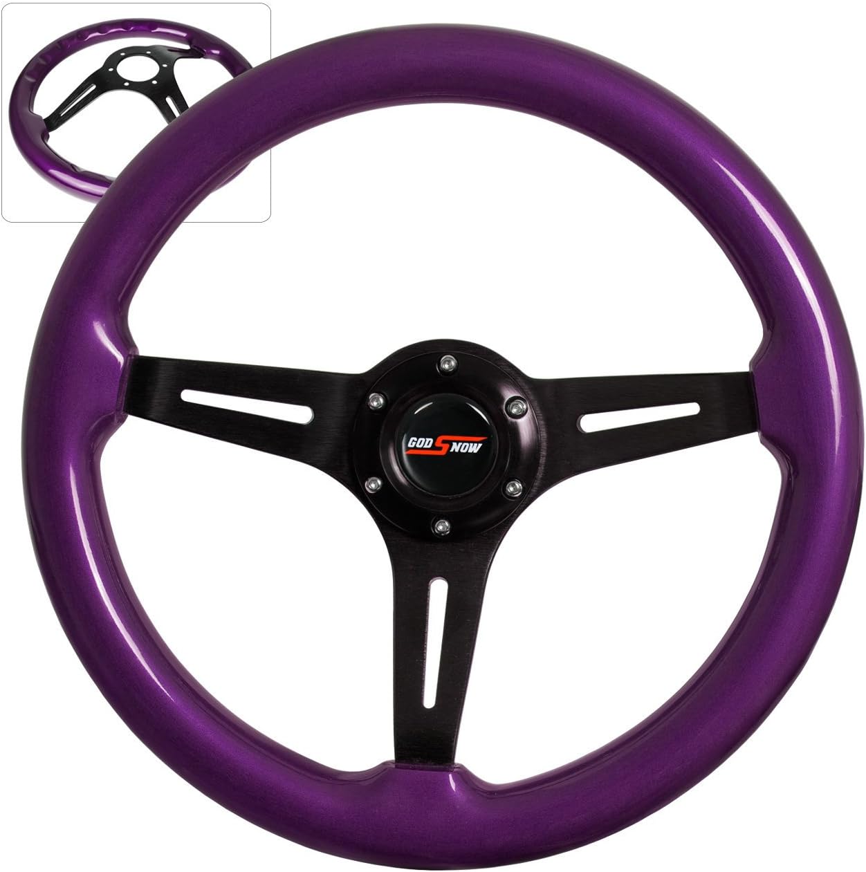 AJP Distributors 345mm 6-Bolt Mounting Purple Luxury Wood Grain Black Aluminum Center Streak Style Deep Dish Upgrade Replacement 3 Spoked Steering Wheel + Godsnow Horn Button