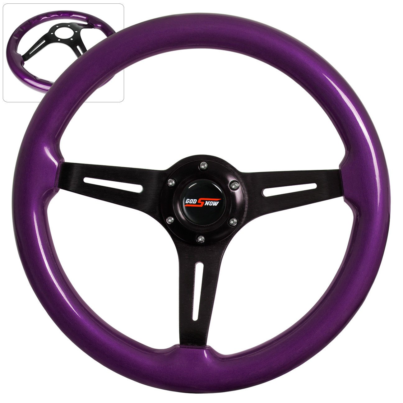 AJP Distributors 345mm 6-Bolt Mounting Purple Luxury Wood Grain Black Aluminum Center Streak Style Deep Dish Upgrade Replacement 3 Spoked Steering Wheel + Godsnow Horn Button