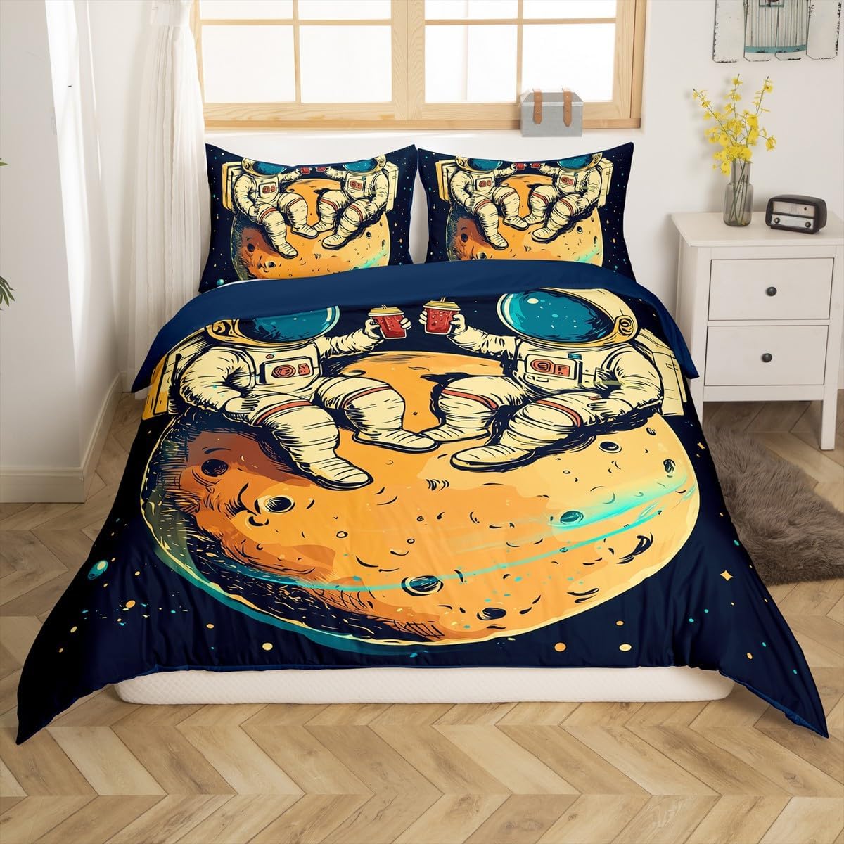 Erosebridal Space Astronaut Toddler Comforter Cover Boys Space Bedding Set 2 Pcs,Galaxy Starry Sky Duvet Cover for Kids,Planet with Astronaut Patterns Quilt Cover 1 Pillow Case