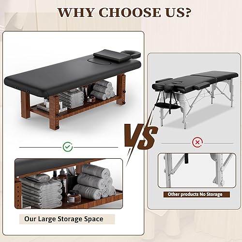 Vista 8 de Olela Mesa de masaje ajustable de madera, mesas de masaje estacionarias con patas de altura ajustable y almacenamiento, cama de esteticista