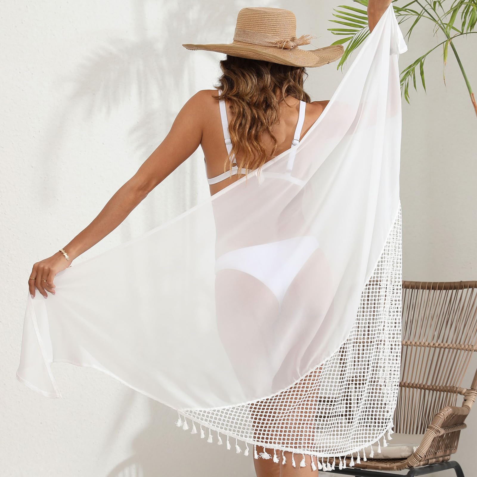 Traje de baño sólido para mujer, falda corta y transparente, vestido de playa, chal, vacaciones, salida de baño