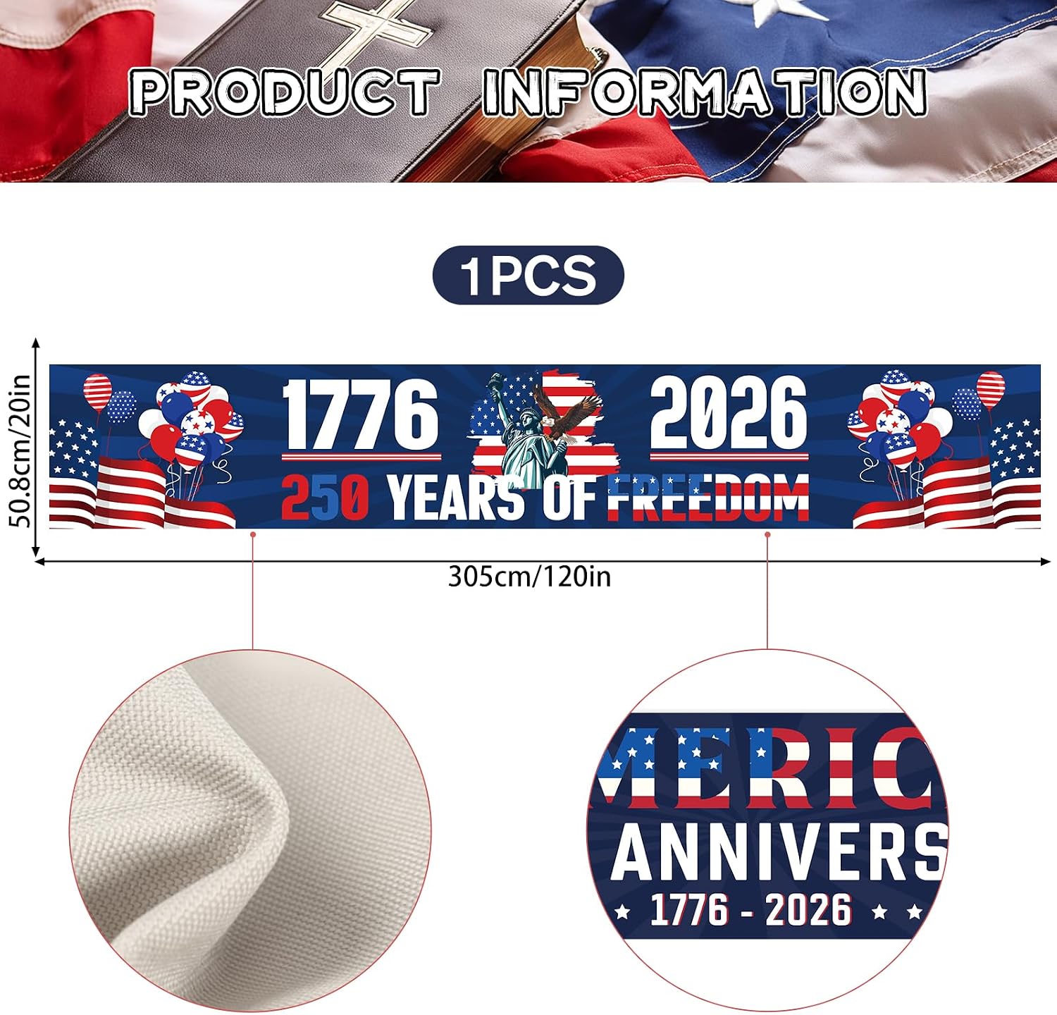 250th Anniversary American Banner Flag, 1776-2026 250 Years of Freedom Yard Banner Decorations, 4th of July USA Birthday Patriotic Banner for Outdoor Indoor Garden Porch Party Supplies