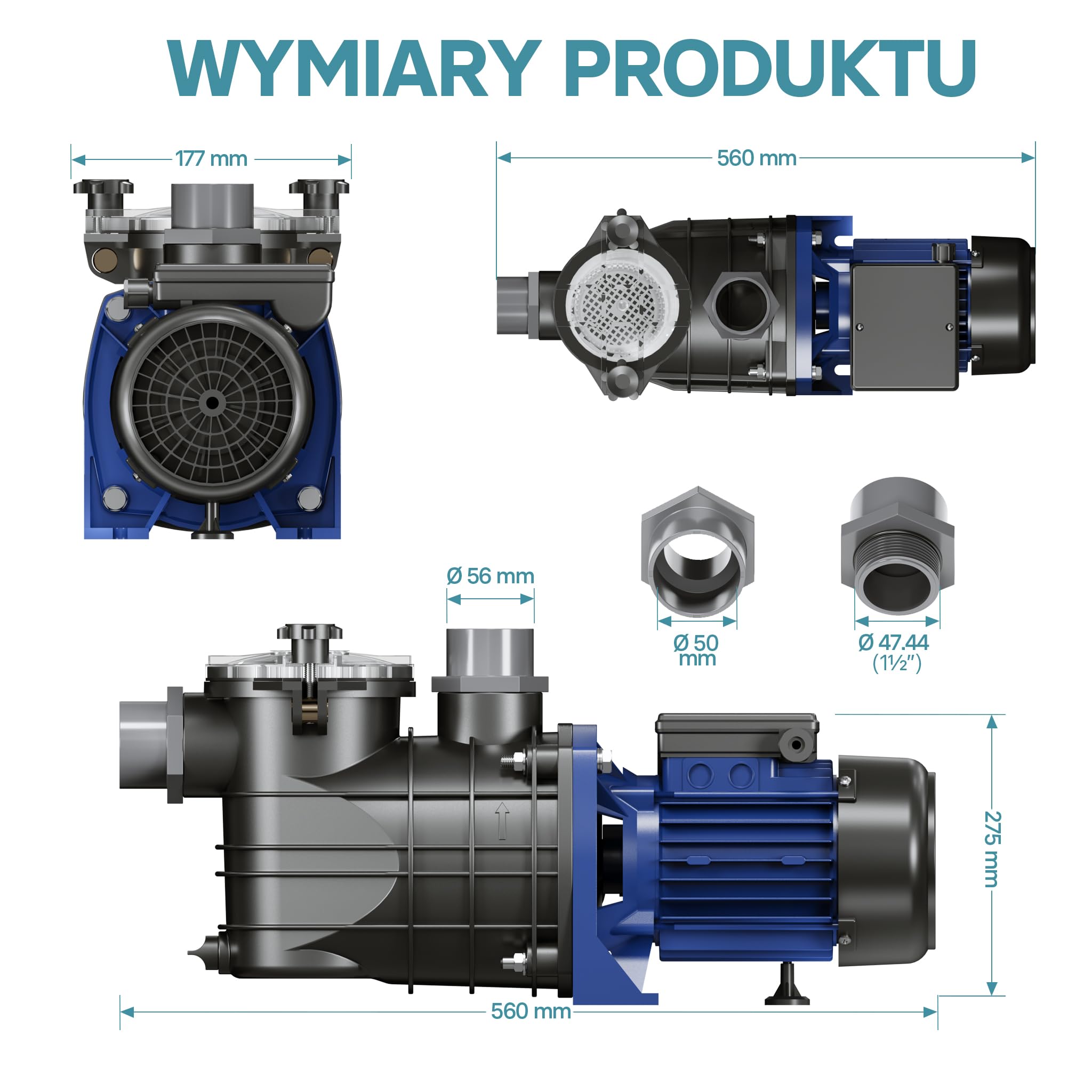 WilTec Pompa basenowa 13800 l/h, 550 W cicha pompa filtrująca i cyrkulacyjna, skuteczna pompa wodna do basenu, trwała i antykorozyjna konstrukcja