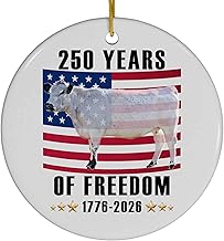 250 Year of Freedom British White Cattle 1776-2026 USA Anniversary Ornament Circle Ceramic American Patriotic Christmas Decoration Gifts for British Cattle Lovers