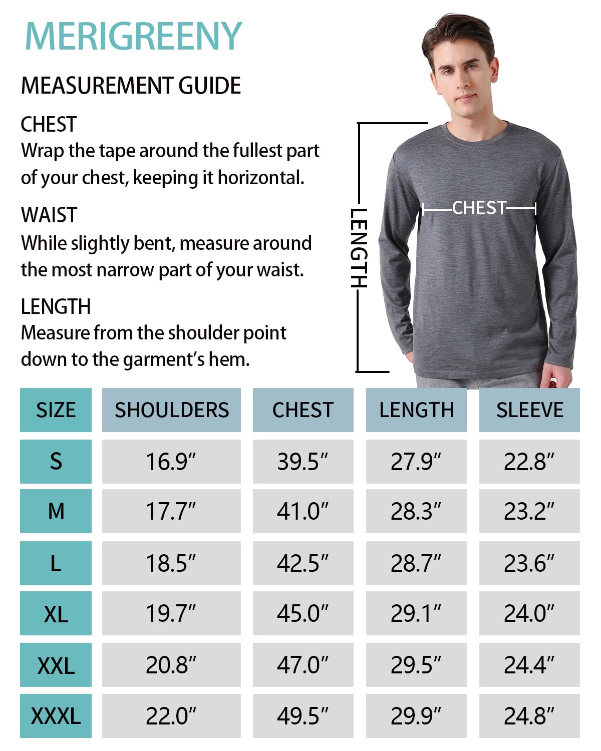 Camiseta de manga larga de lana merino 100 % para hombre, ropa interior térmica para hombre