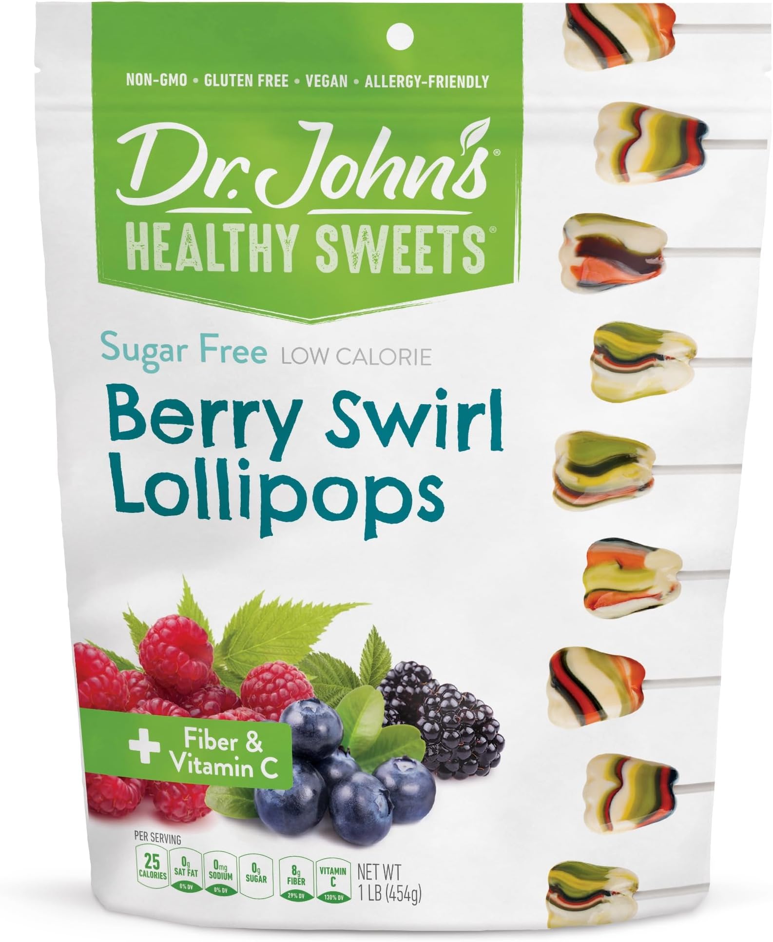 Dr. John’s Sugar Free Berry Swirl Lollipops – Keto Friendly, Vegan, Gluten Free – Xylitol & Erythritol, +Fiber & Vitamin C, Individually Wrapped – 60 Count (1 lb)