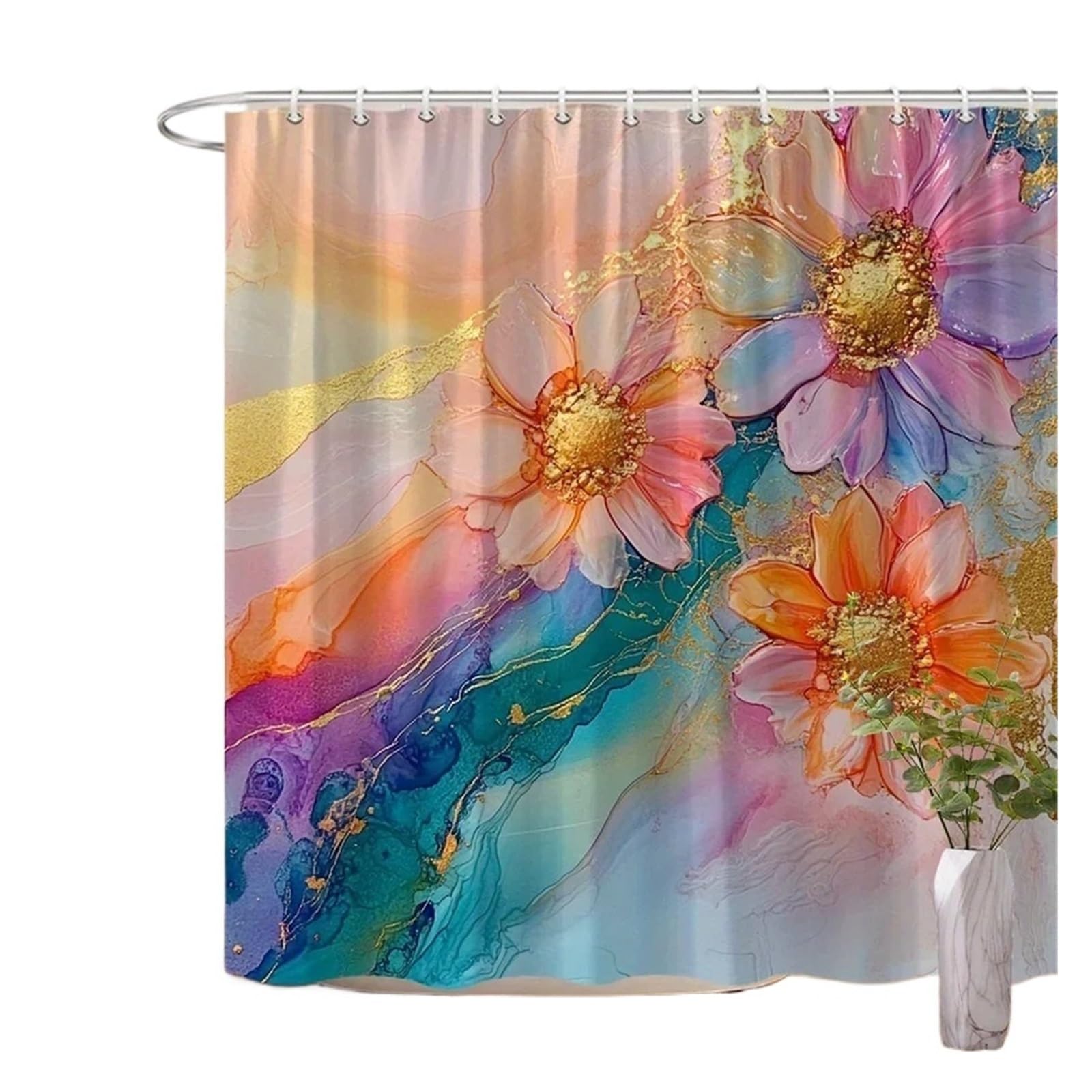 Cortina de Ducha Acuarela Floral Vibrante con Detalles Dorados, Flores Rosas, Naranjas y moradas sobre Fondo Pastel Suave (1 Unidad)