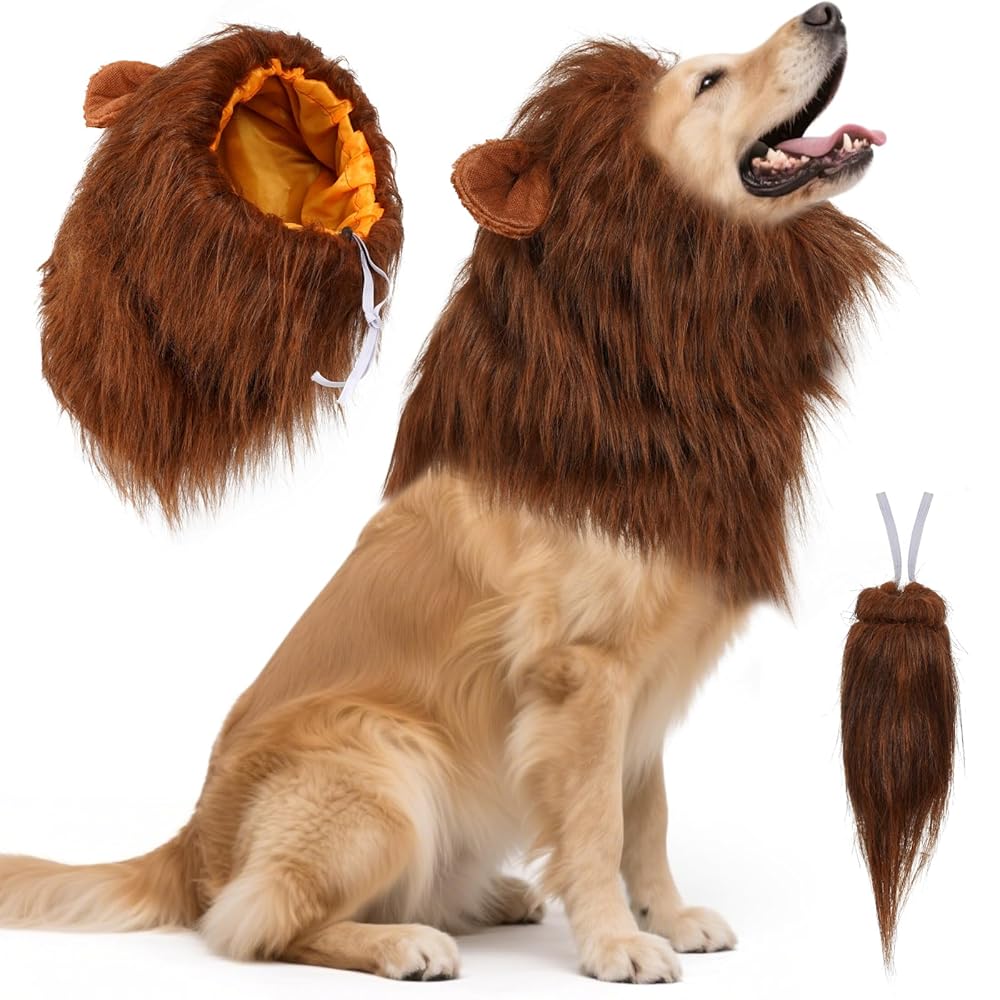 NEWBEA Lion Mane for Dog Costume, Dog Lion Mane, Realistic Wig for Medium to Large Sized Dogs, Halloween Costumes, Dark Brown with Ear Tail thumbnail 2
