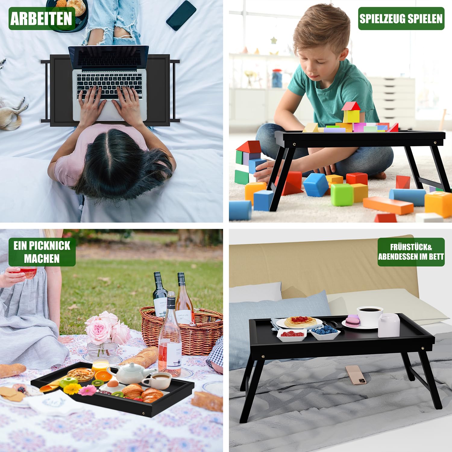 Frühstückstablett Bambus Betttisch Klappbar Betttablett Essenstablett mit Fuß Tabletttisch Bed Table Klapptisch Bett Tablett Tisch Tablett (50 * 30 * 23 cm, Schwarz)