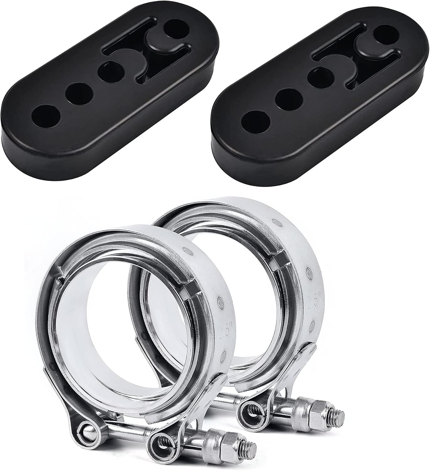 EVIL ENERGY 2.5" V Band Clamp with Flange Male Female Stainless Steel 2PCS, Bundle with 4 Holes Adjustable Exhaust Hanger Universal 2PCS