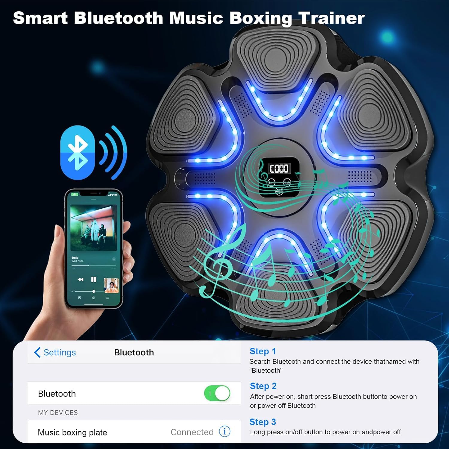 Maszyna bokserska premium z rękawicami bokserskimi, inteligentna maszyna bokserska Bluetooth z elektroniką LED, montaż ścienny, boks muzyczny, sprzęt treningowy do domu