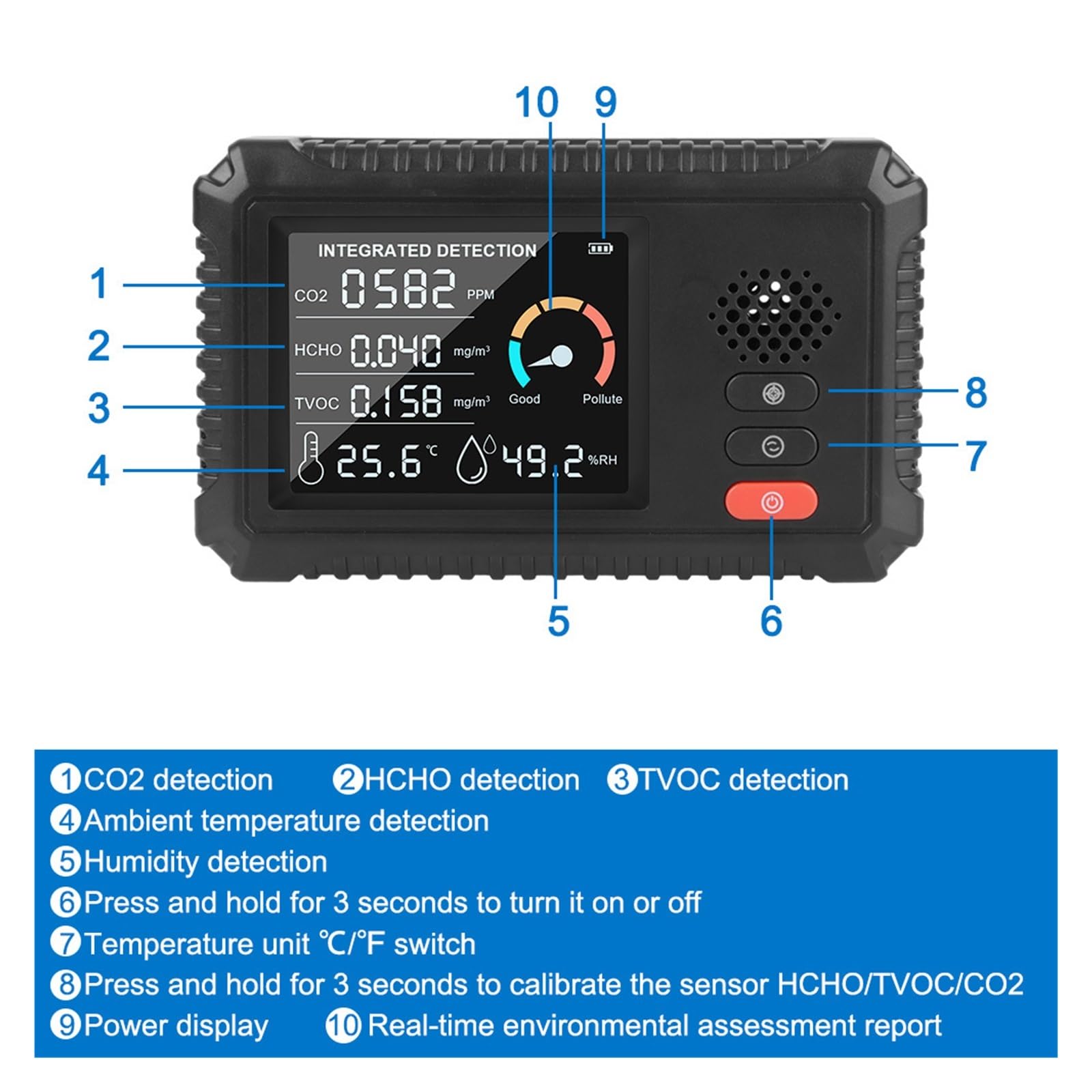 TVOC HCHO Rilevatore di gas CO2 Sensore anidride carbonica Tester dell'aria Monitor della qualità Analizzatore Home Office Outdoor Multifunzionale Per cucina e camper