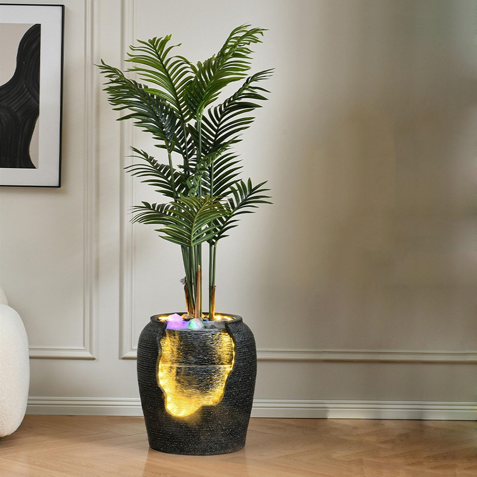 Fuente de Agua Fuente de Agua Moderna con Plantas simuladas, humidificador de Agua de Piso a Techo for Sala de Estar, Entrada, Sala de Estar, balcón Fuente de Jardín(Negro)