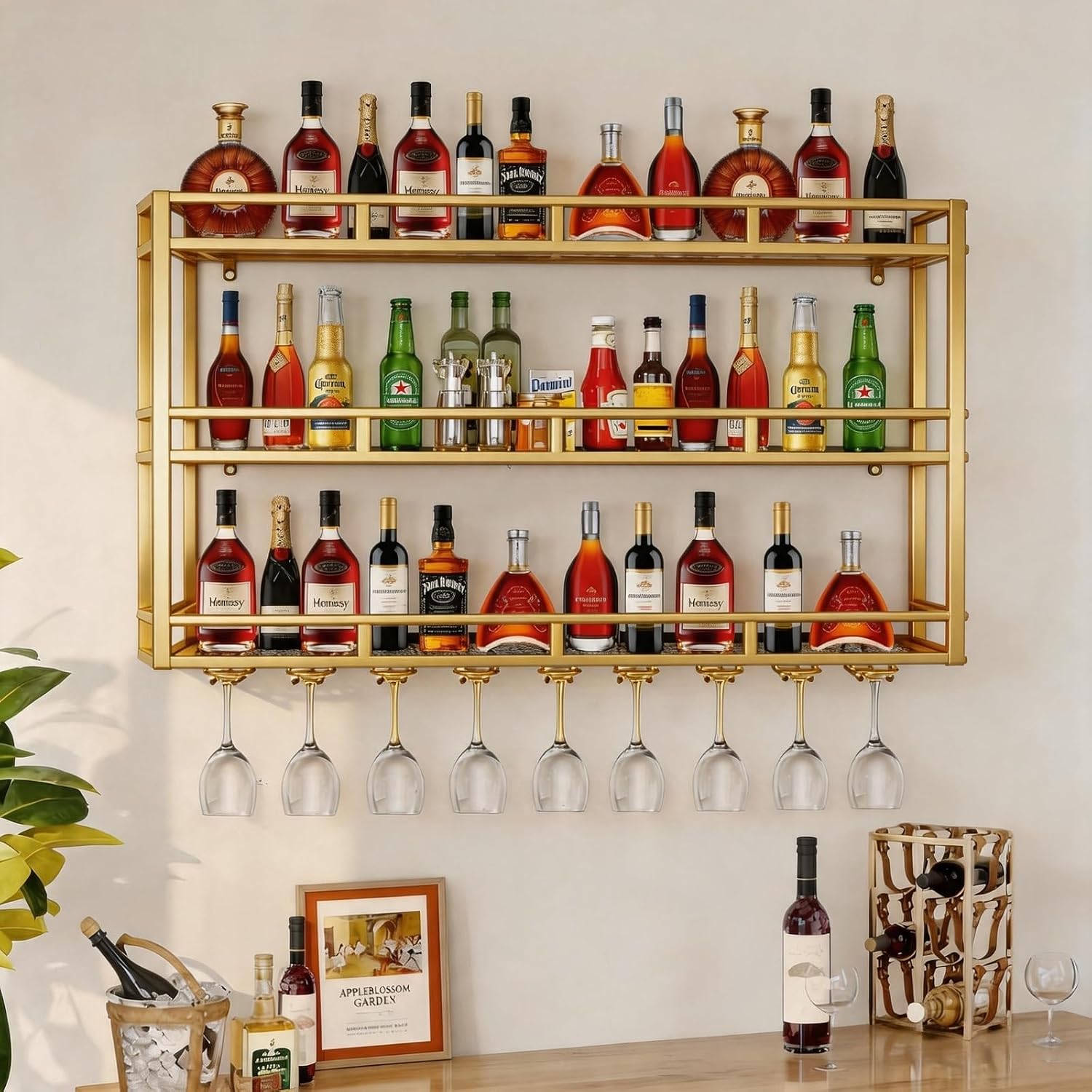 31 Inch Metal Wine Rack Wall Mounted, Bar Shelves for Liquor Bottles with LED Light, 3 Tier Large Capacity Liquor Rack Wall Mounted with Glass Holder for Home Bar & Dining Room, Black