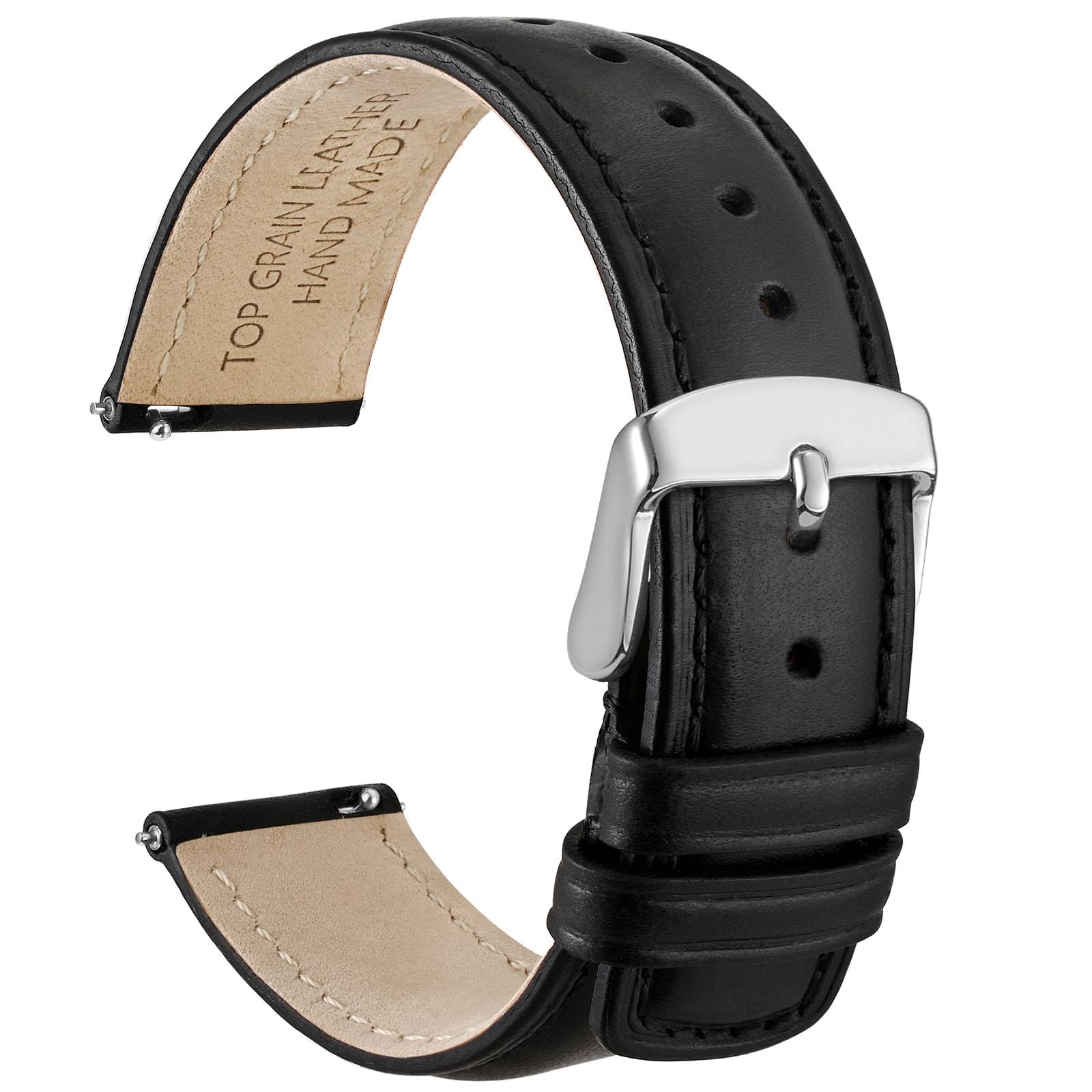 WOCCI 18mm Uhrenarmband für Herren und Damen, Echtes Leder - Top Genarbtes Leder, Schnellverschluss, Silberne Schnalle (Schwarz)