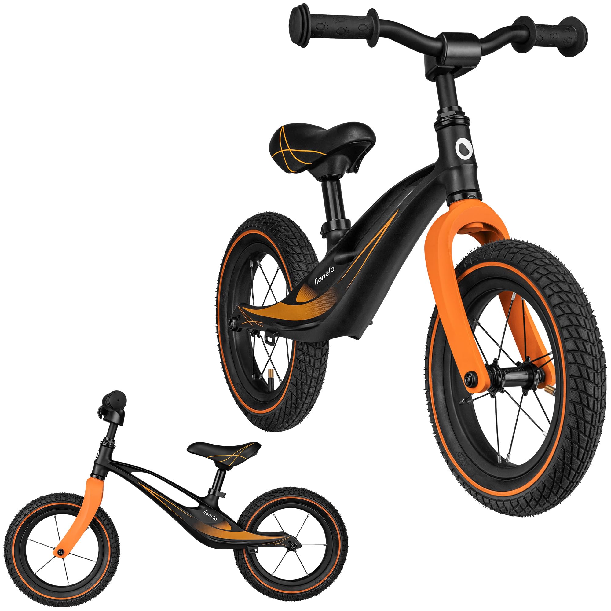 lionelo Bart Air Draisienne Vélo d'équilibre Cadre léger sans soudures, de 2 Ans jusqu'à 30 kg Roues gonflées Guidon et Selles réglables en Hauteur Poids 3,​8 kg (Sporty Black)