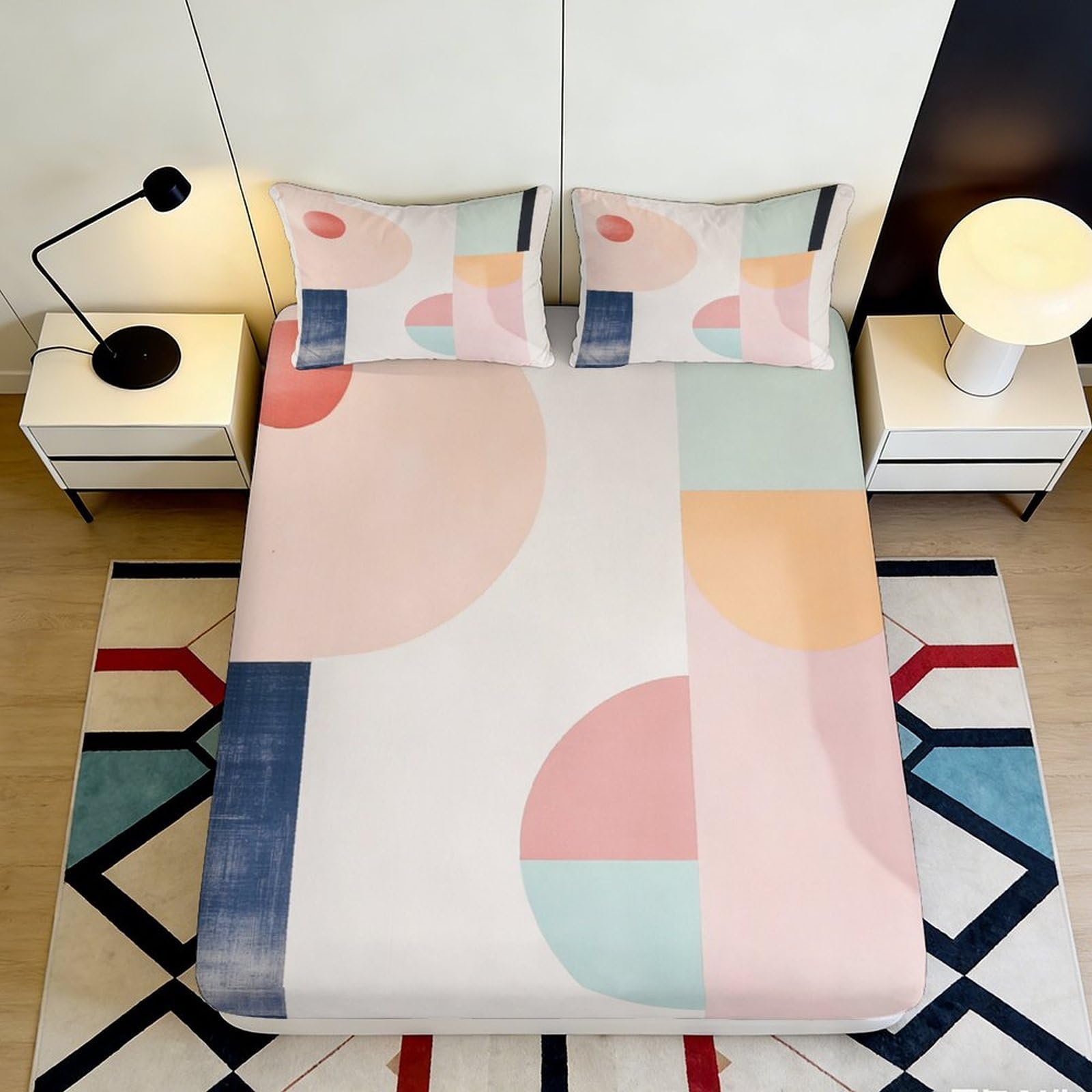 3D Printed Geometric Pastel Fitted Sheet Microfiber Soft Breathable Abstract Shapes Bed Cover for Bedroom Guest Room Decor 90x200x25cm