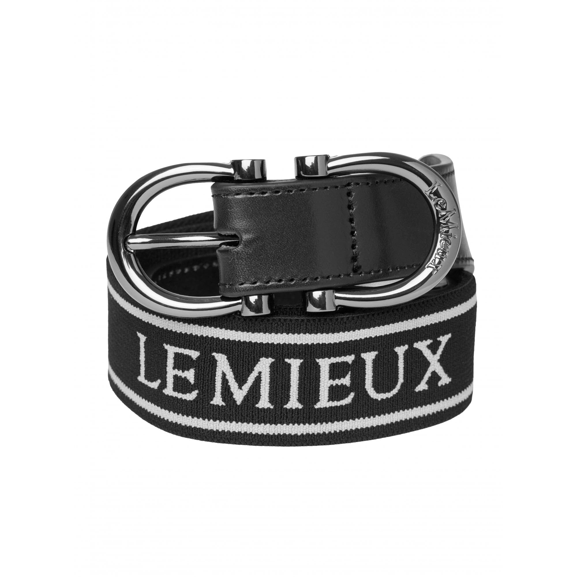 LeMieux Elasticated Belt - Bespoke Twin D-Link Buckle Branded with PU Leather and Detail - Black - Medium