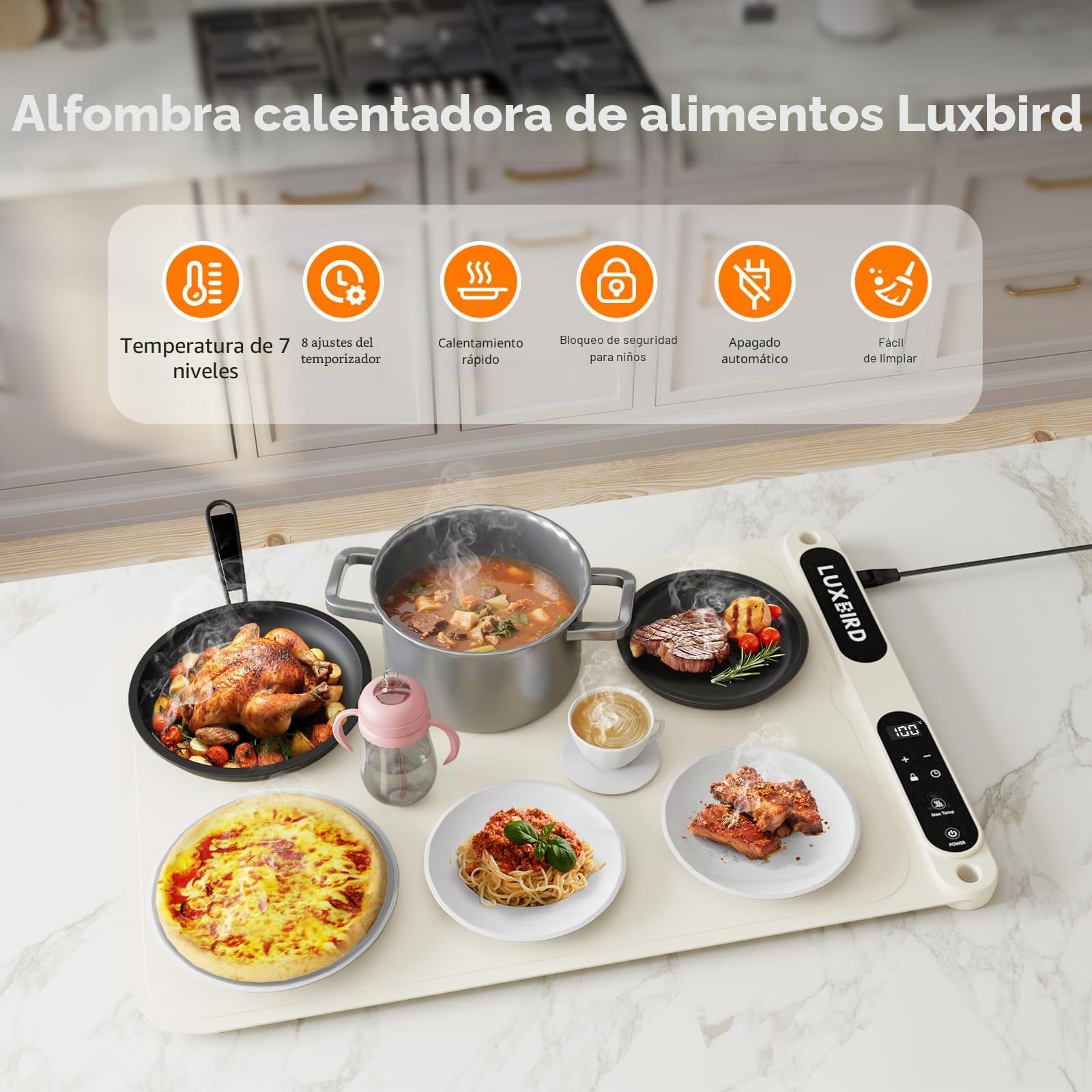 Luxbird Alfombra térmica para alimentos, alfombrilla térmica de silicona con control de temperatura, diseño mejorado de disipación de calor, protección de apagado automático, para cocina, fiesta