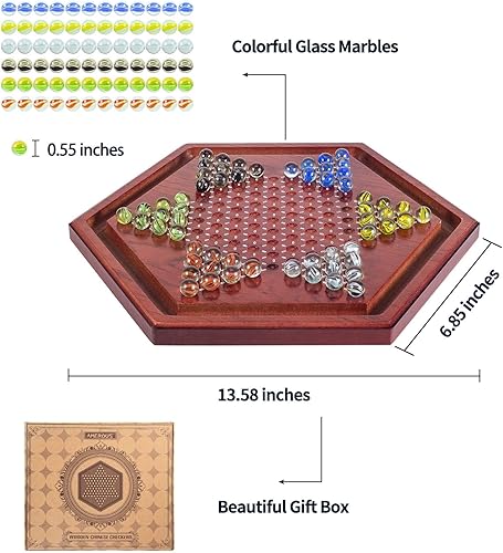 Miniatura 4 de AMEROUS Juego de mesa de damas chinas de madera de 13.6 pulgadas con 60 canicas de vidrio coloridas, juego de estrategia clásico para niños,