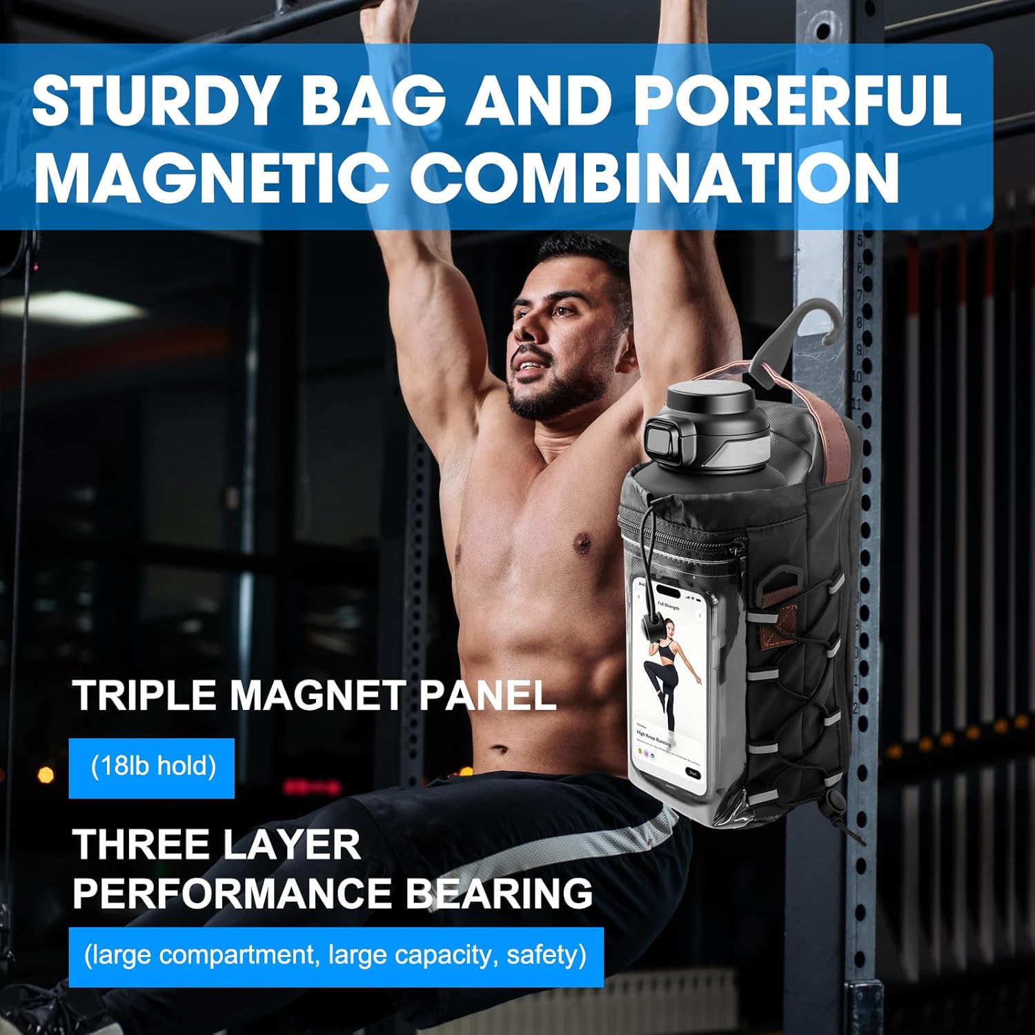 Nodfens Magnetic Gym Bag for Men and Women, Upgraded Small Gym Bag with Hook and Clear Design Phone Bag, Magnetic Water Bottle Holder with Adjustable Strap - Image 4