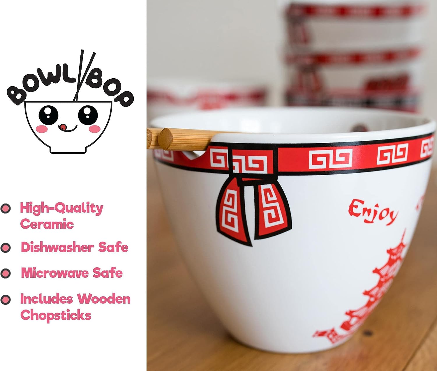 Bowl Bop Chinese Takeout Box Inspired Japanese Ceramic Dinnerware Set | Includes 16-Ounce Ramen Noodle Bowl and Wooden Chopsticks | Asian Food Dish Set For Home & Kitchen | Kawaii Anime Gift