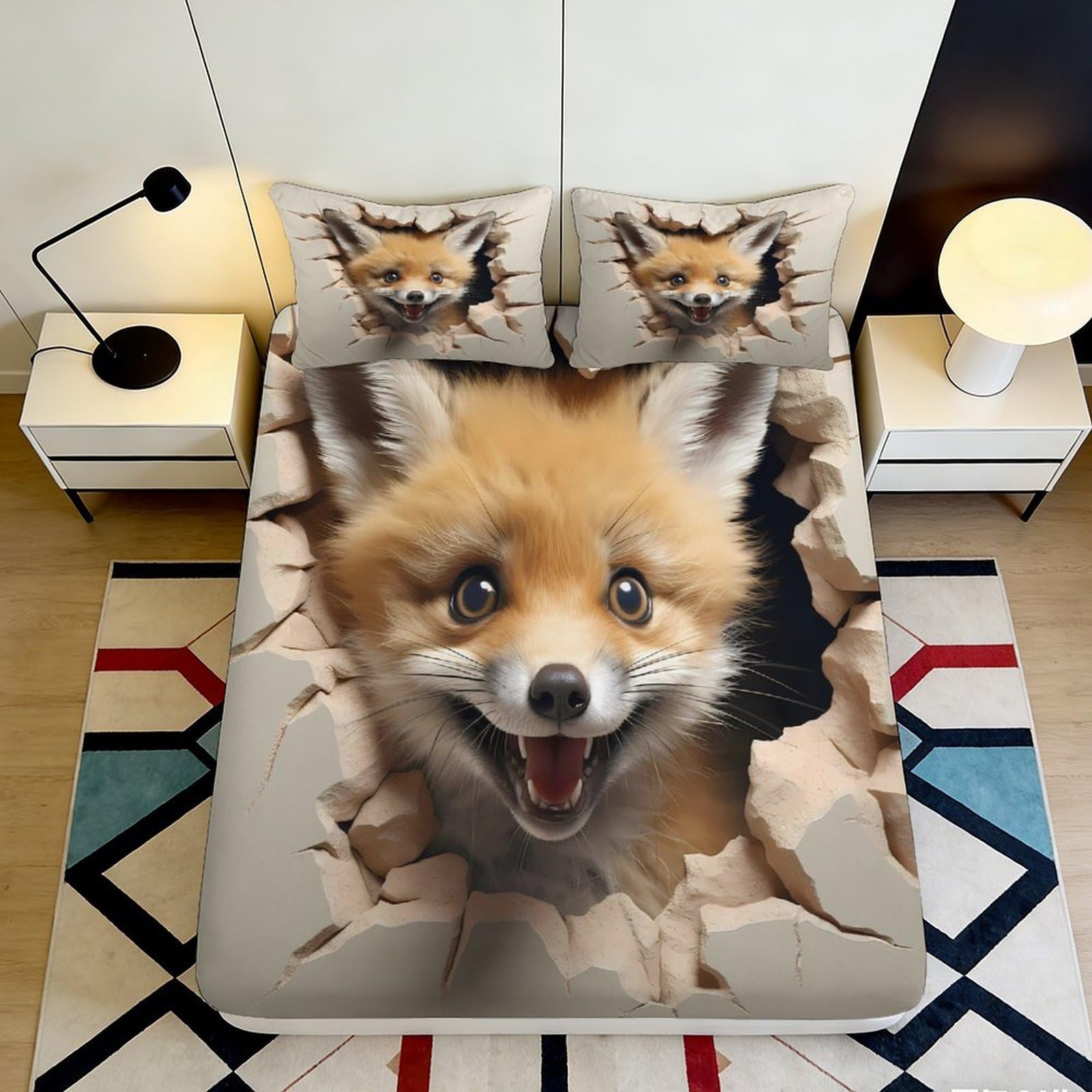 3D Printed Cute Fox Design Fitted Sheet Microfiber Soft Durable 3D Printed Happy Fox Mattress Cover for Bedroom Dormitory Guest Room Mattress Protection 200x200x25cm