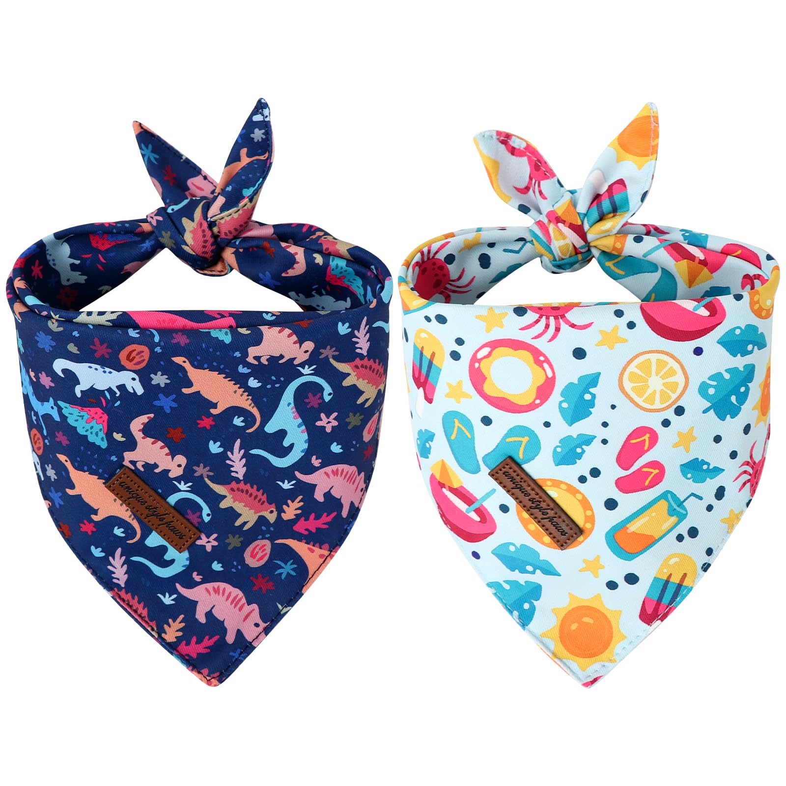 Unique Style Paws Dog Spring Bandanas 2Pcs Washable Cotton Triangle Summer Lemon Dinosaur Puppy Scarfs for Small Medium Large Dogs and Cats