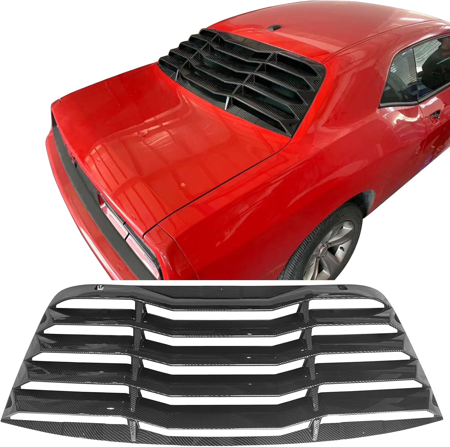 FREEMOTOR802 Rear Window Louver Compatible with 2008-2023 Dodge Challenger, Rear Windshield Sun Shade Cover V2 Style, Carbon Fiber Print