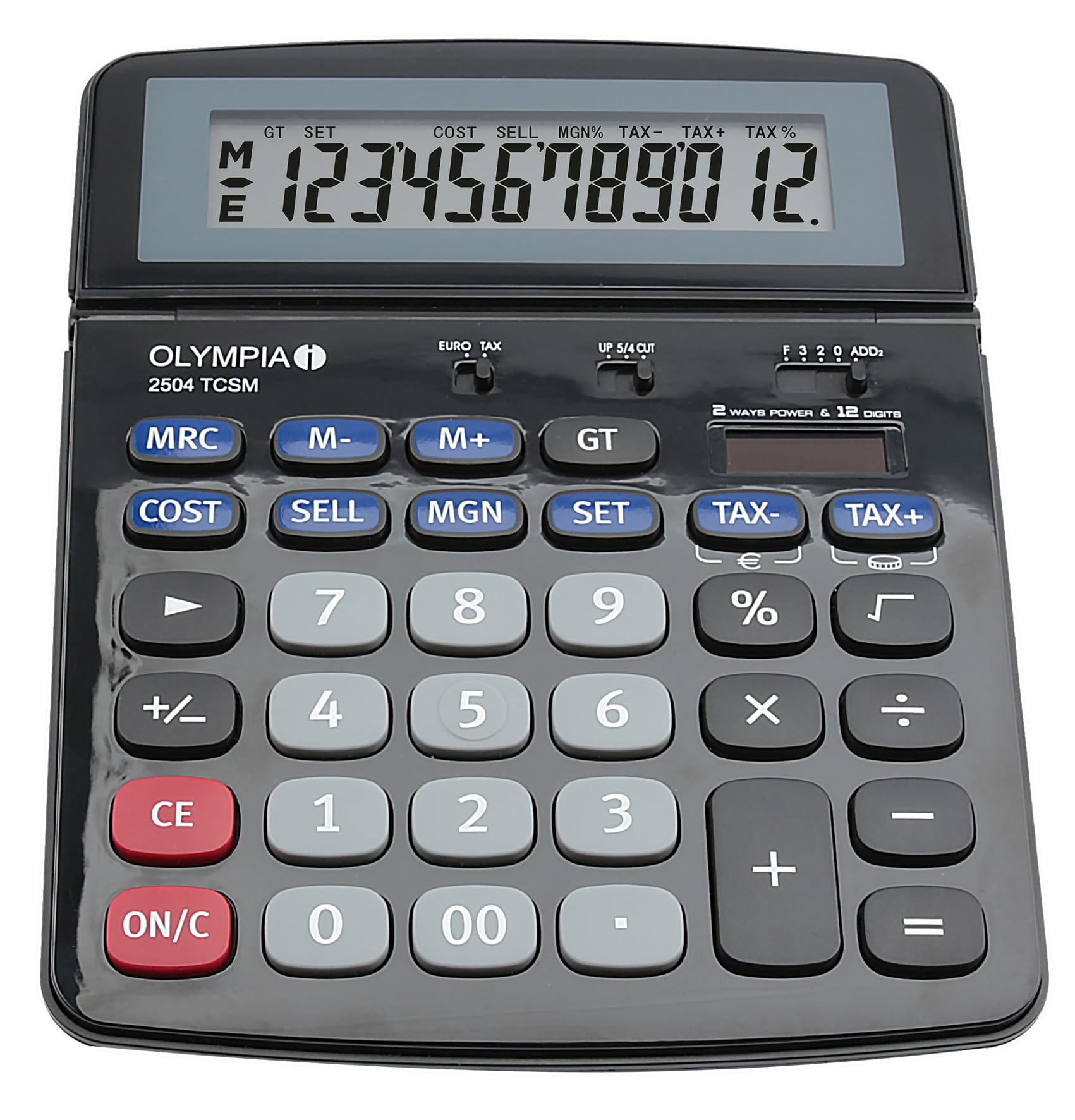 OLYMPIA 2504 TCSM Tischrechner 12-stellig – Finanzrechner mit Solar & Batterie, Tax, Cost Sell Margin, Euro-Umrechnung, Großes Display, Büro Rechner Schwarz Blau Grau