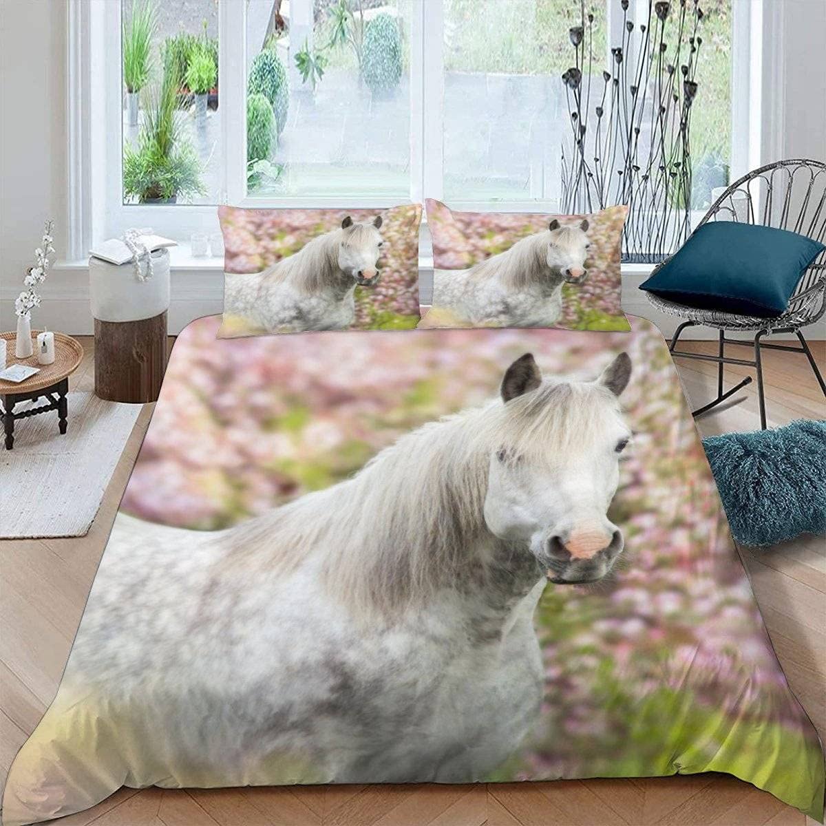 RFFLUX 3D Horse King size Bedding Sets 3 Pieces 220x230 Ultra Soft Microfiber Sakura Horse Duvet Cover with Zipper Closure Easy Care Quilt Cover with 2 Pillowcase for Adults Room Decor