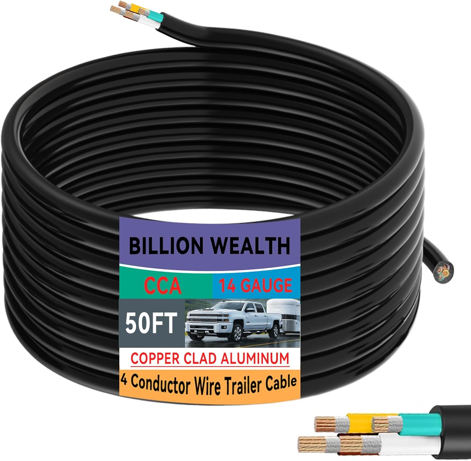 50 FT 14 Gauge 4 Conductor Trailer Wire CCA 4 Way Trailer Light Wire Round Color Coded Insulated Stranded Copper Clad Aluminum 4 Conductor Cable for RV Marine, LED Light, Outdoor