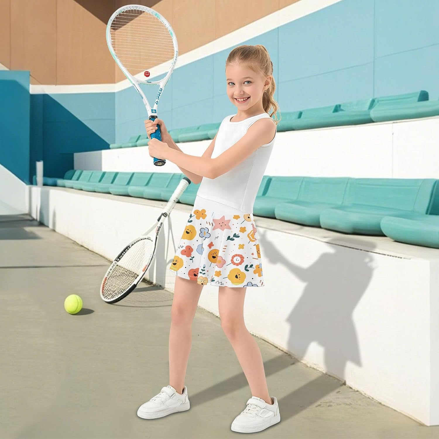 visesunny Cartoon Spott Floral Girl's Golf Skirt Athletic Tennis Skort Sport Activewear with Double Layer Pockets