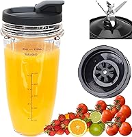 Vista 1 de Cuchilla macho de repuesto de 7 aletas y vaso de licuadora de 24 onzas con tapa compatible con Nutri Ninja Blender